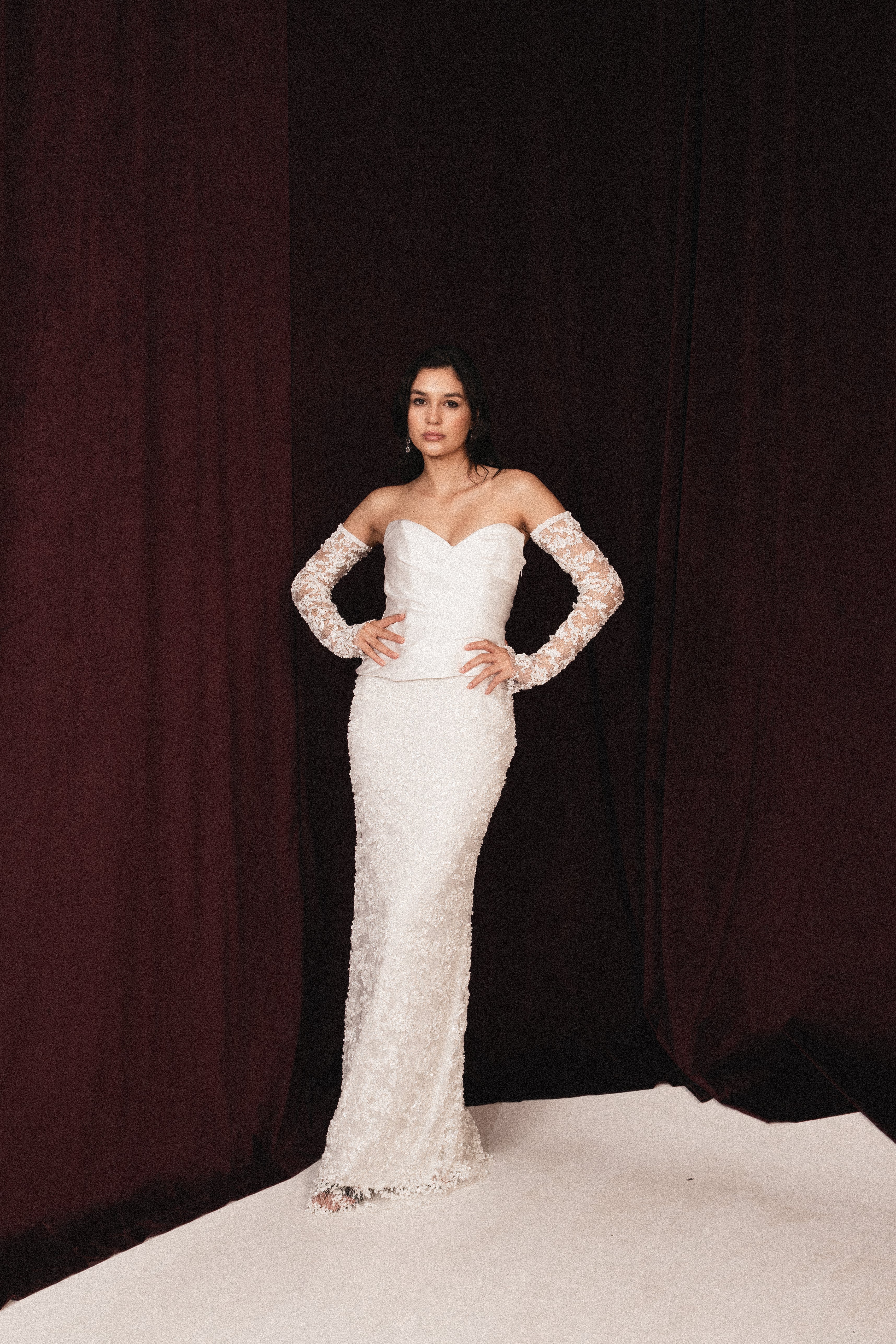 Strapless dress with draped corset in white
