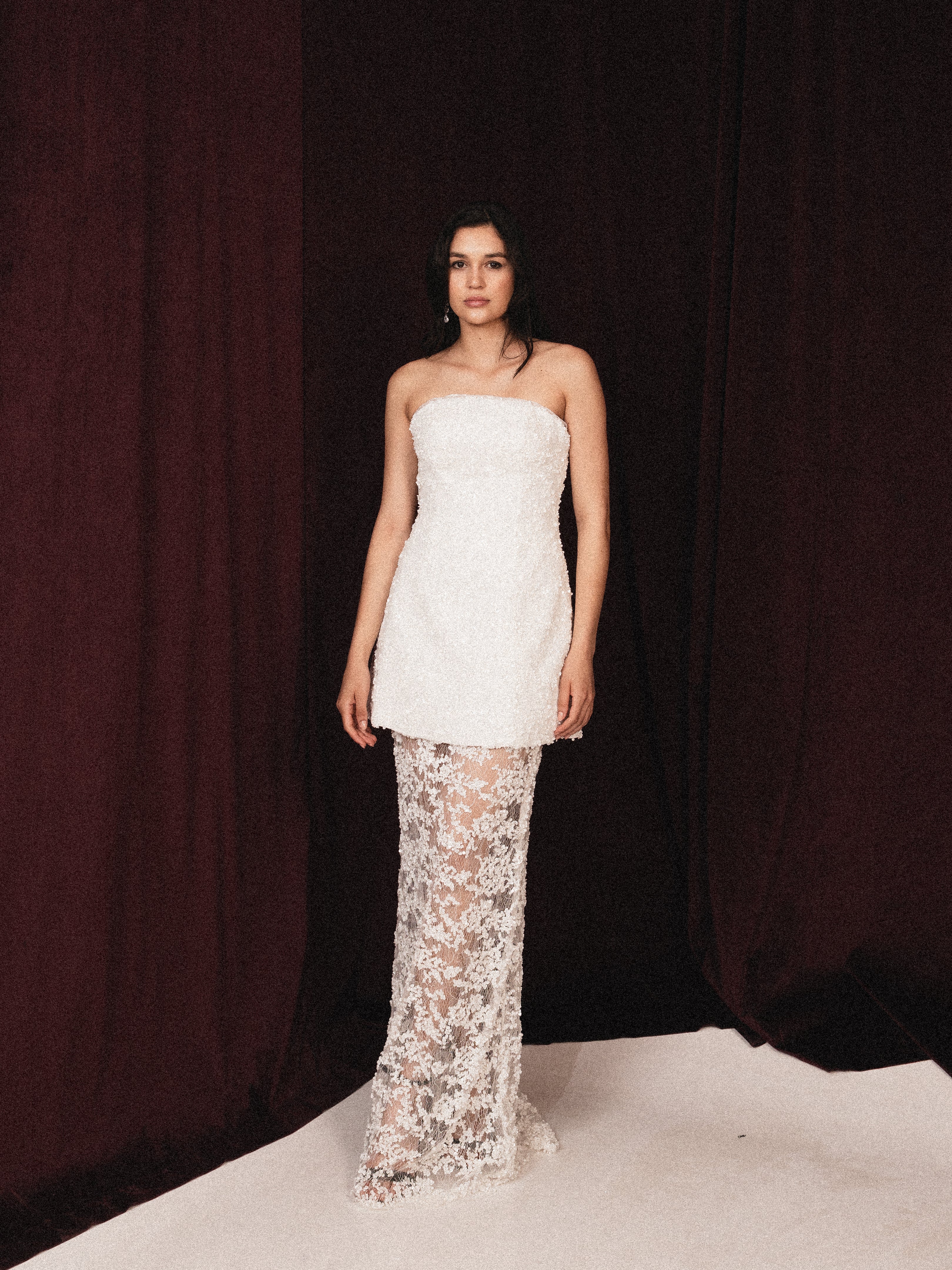 Short dress beaded with long skirt in white