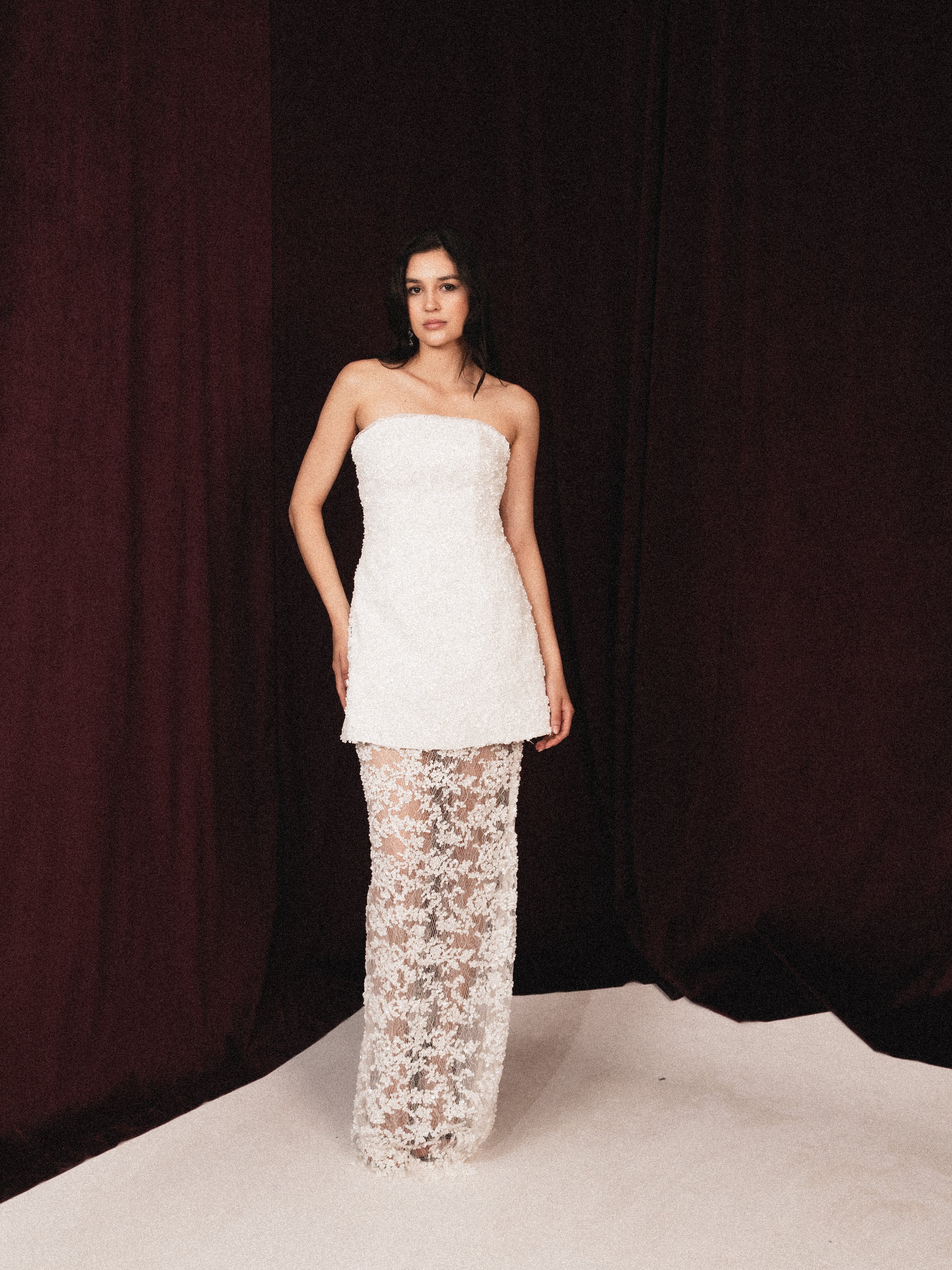 Short dress beaded with long skirt in white