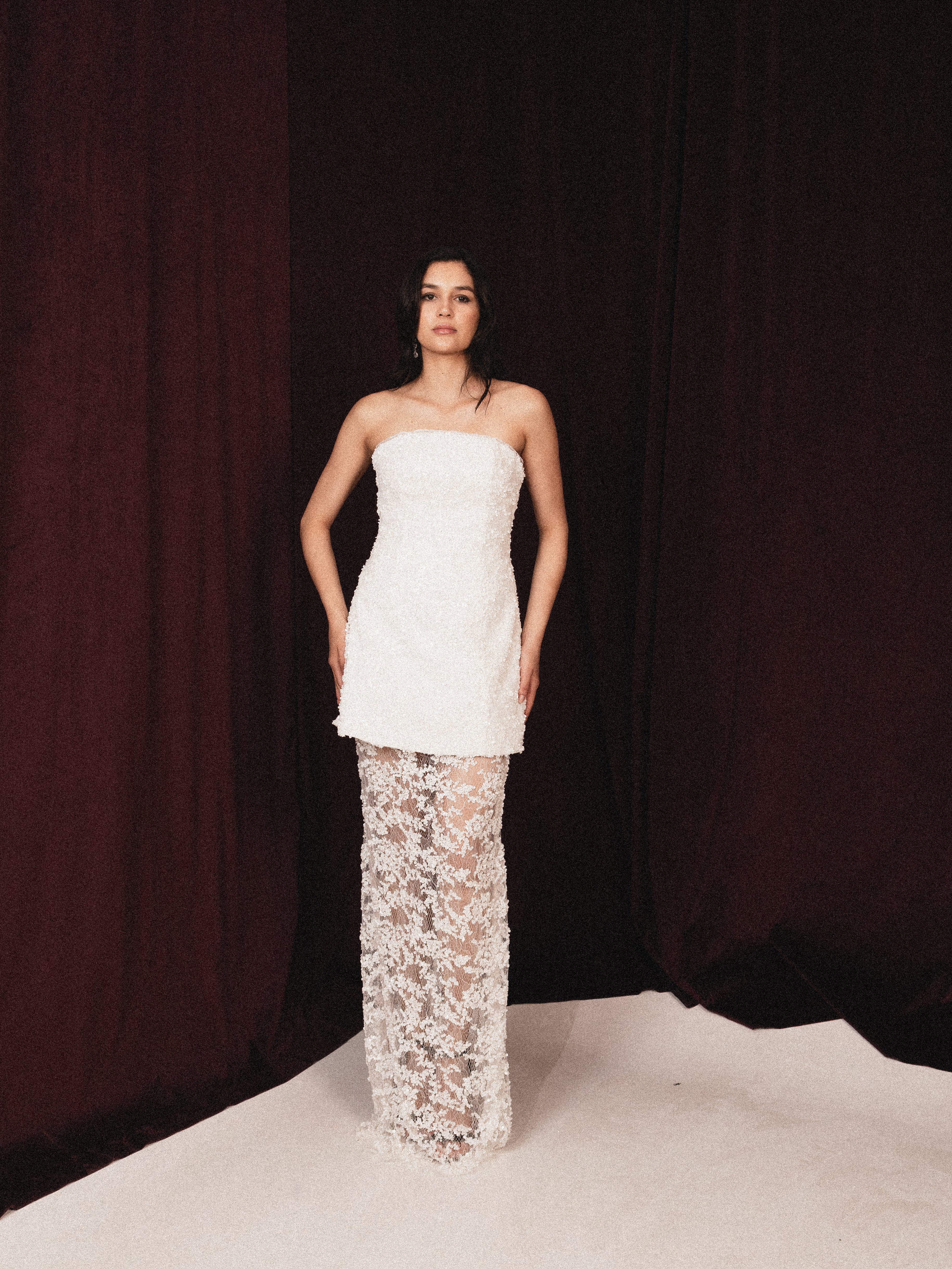 Short dress beaded with long skirt in white