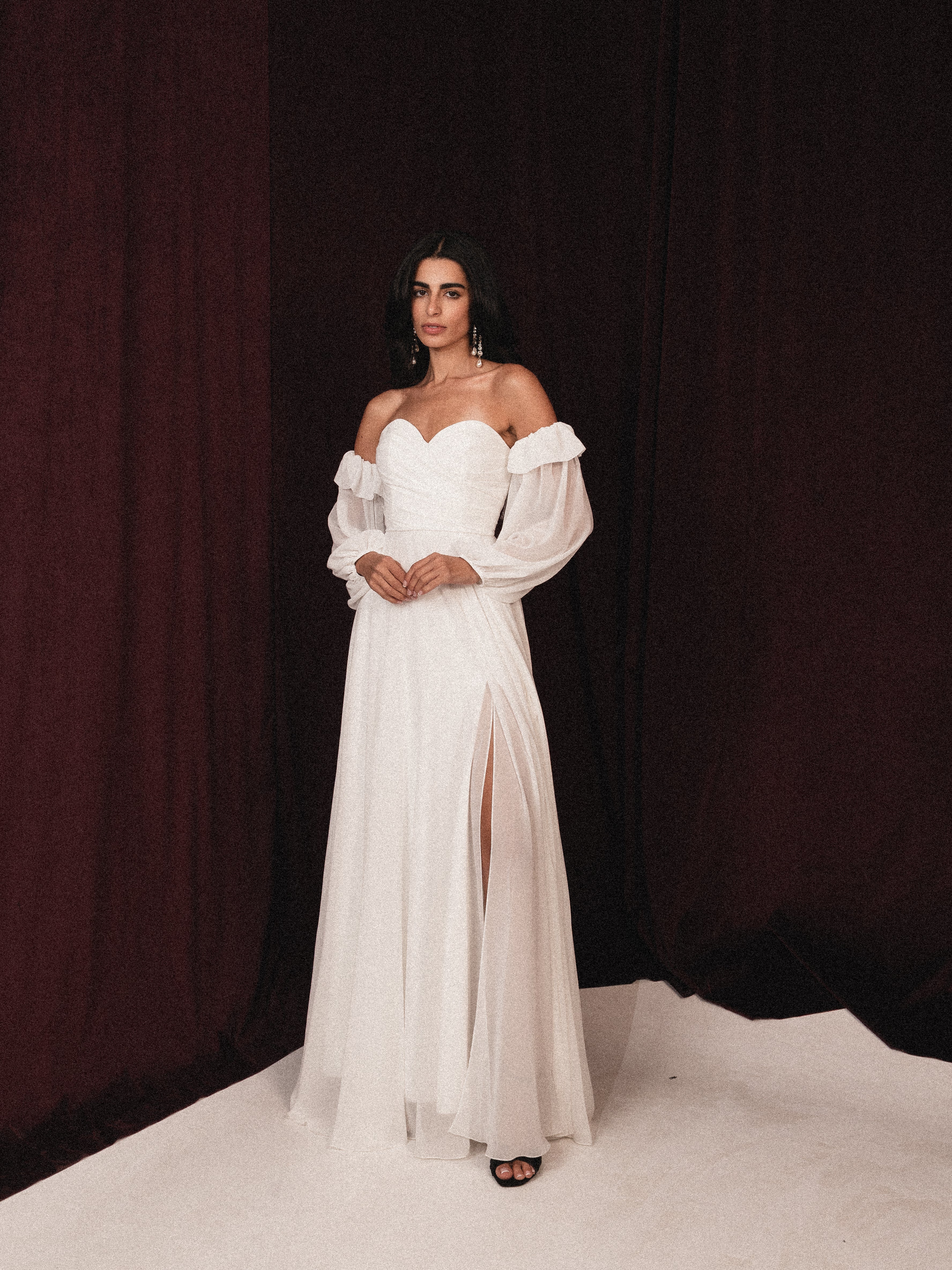 Strapless chiffon dress with slit in white