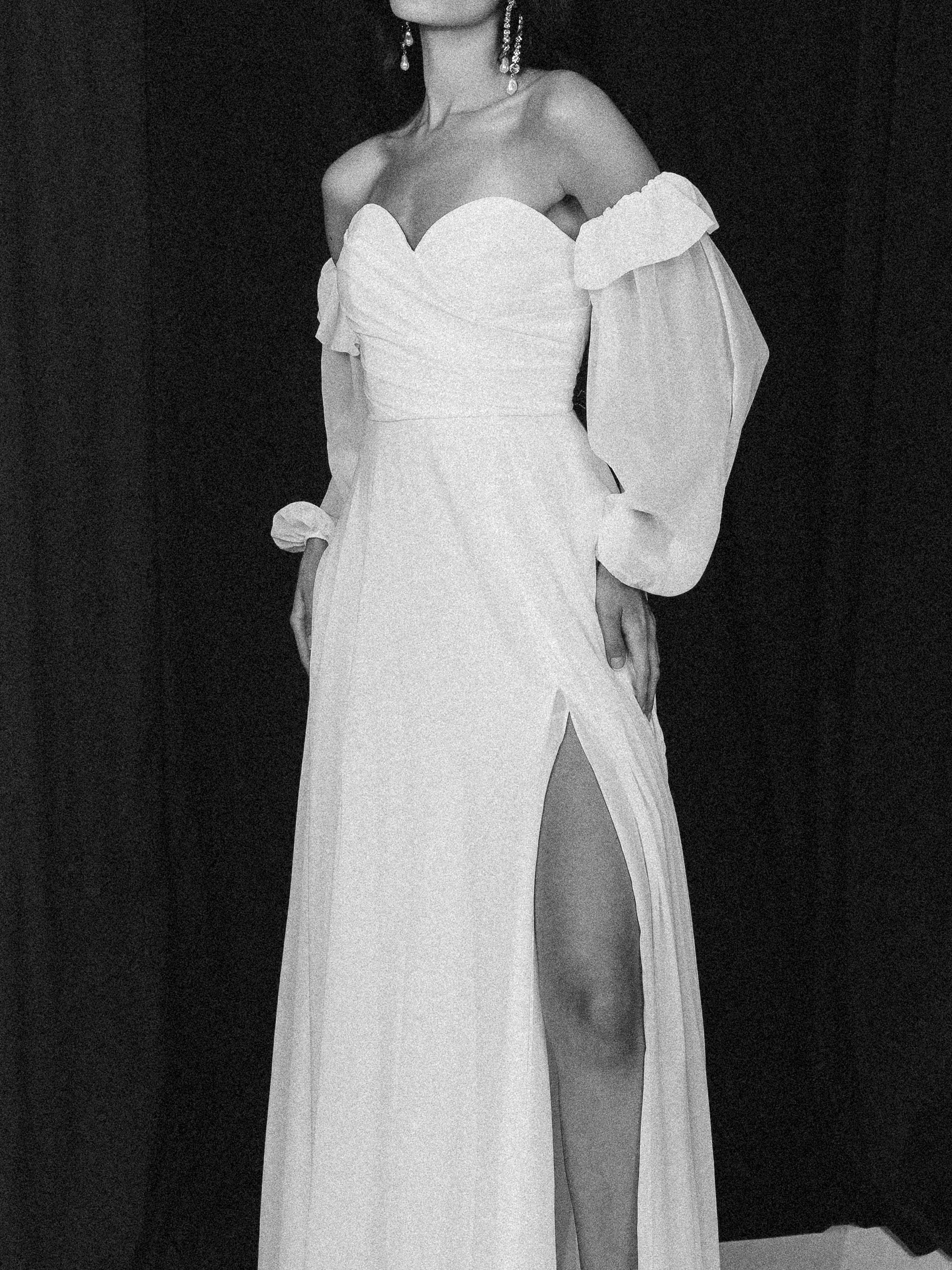 Strapless chiffon dress with slit in white