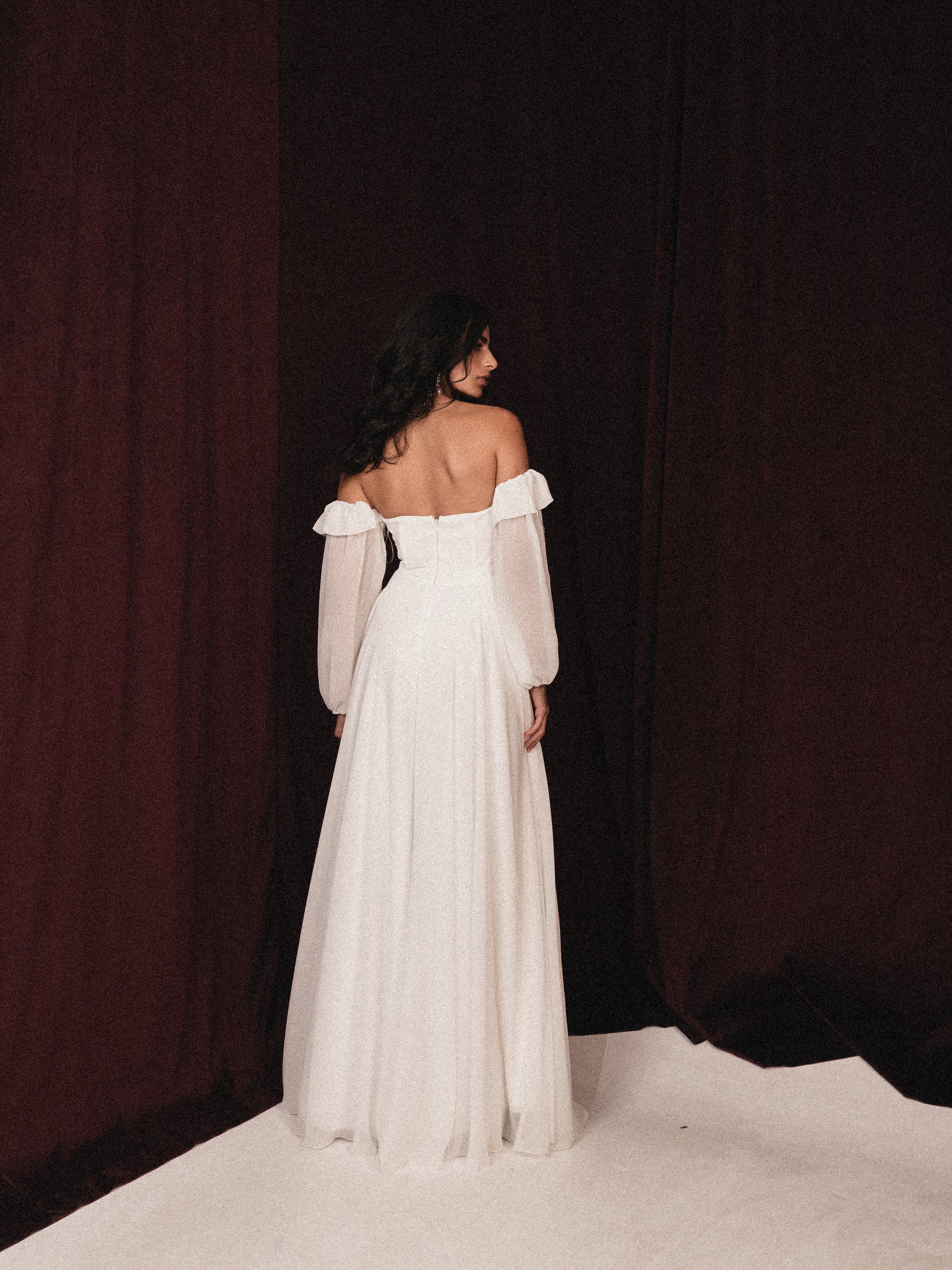Strapless chiffon dress with slit in white
