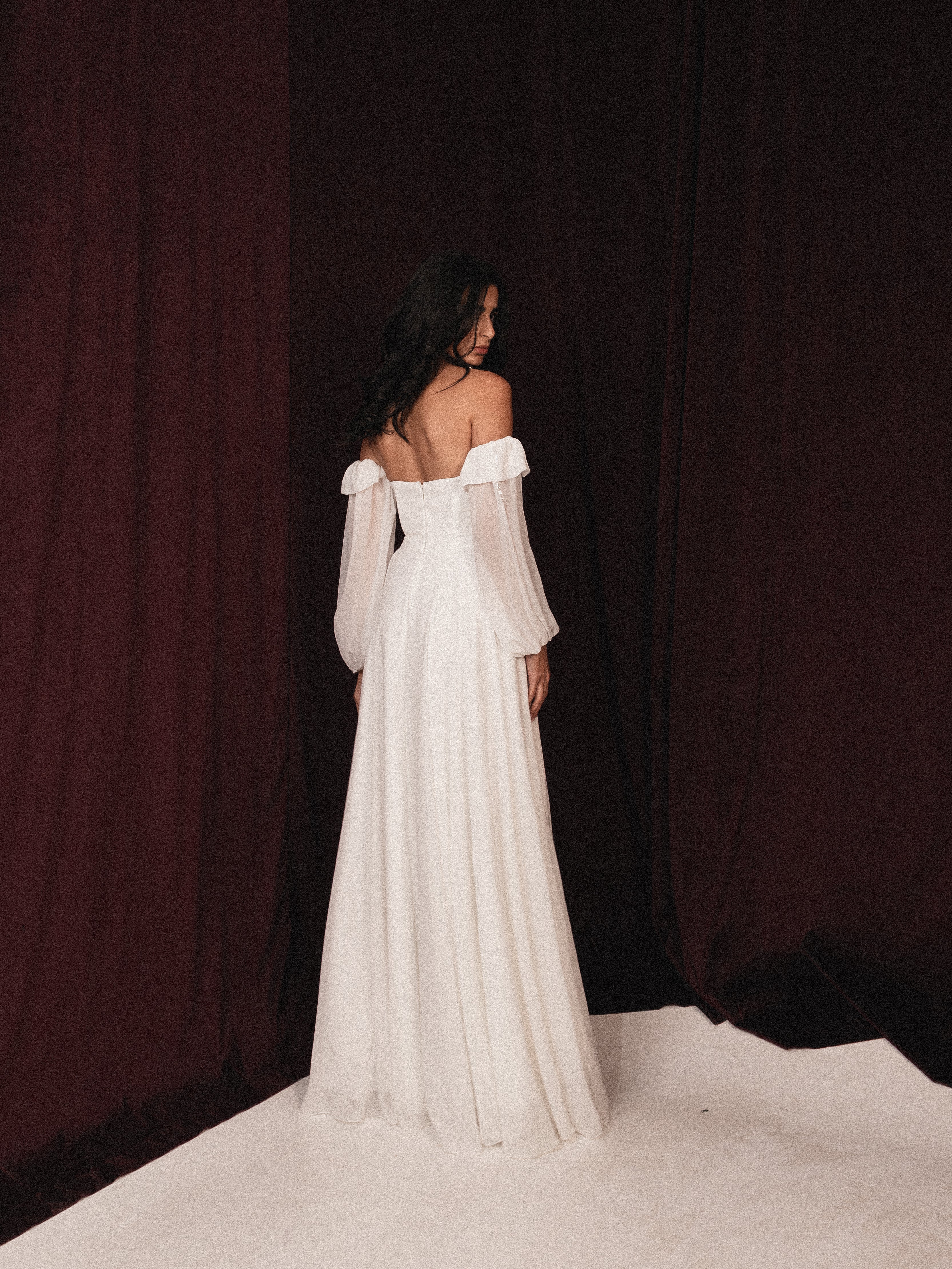 Strapless chiffon dress with slit in white