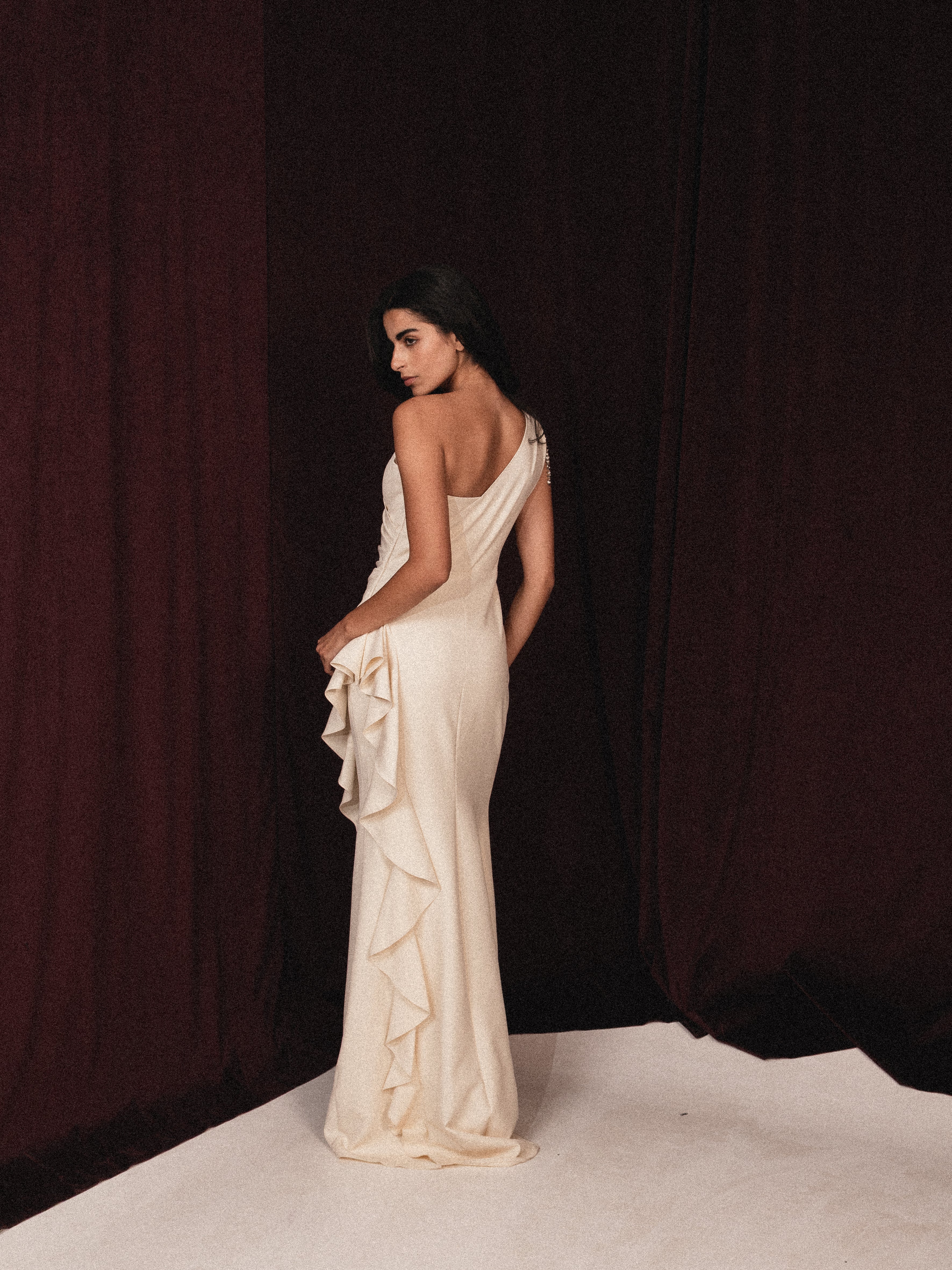 Halter neck backless satin dress in Beige