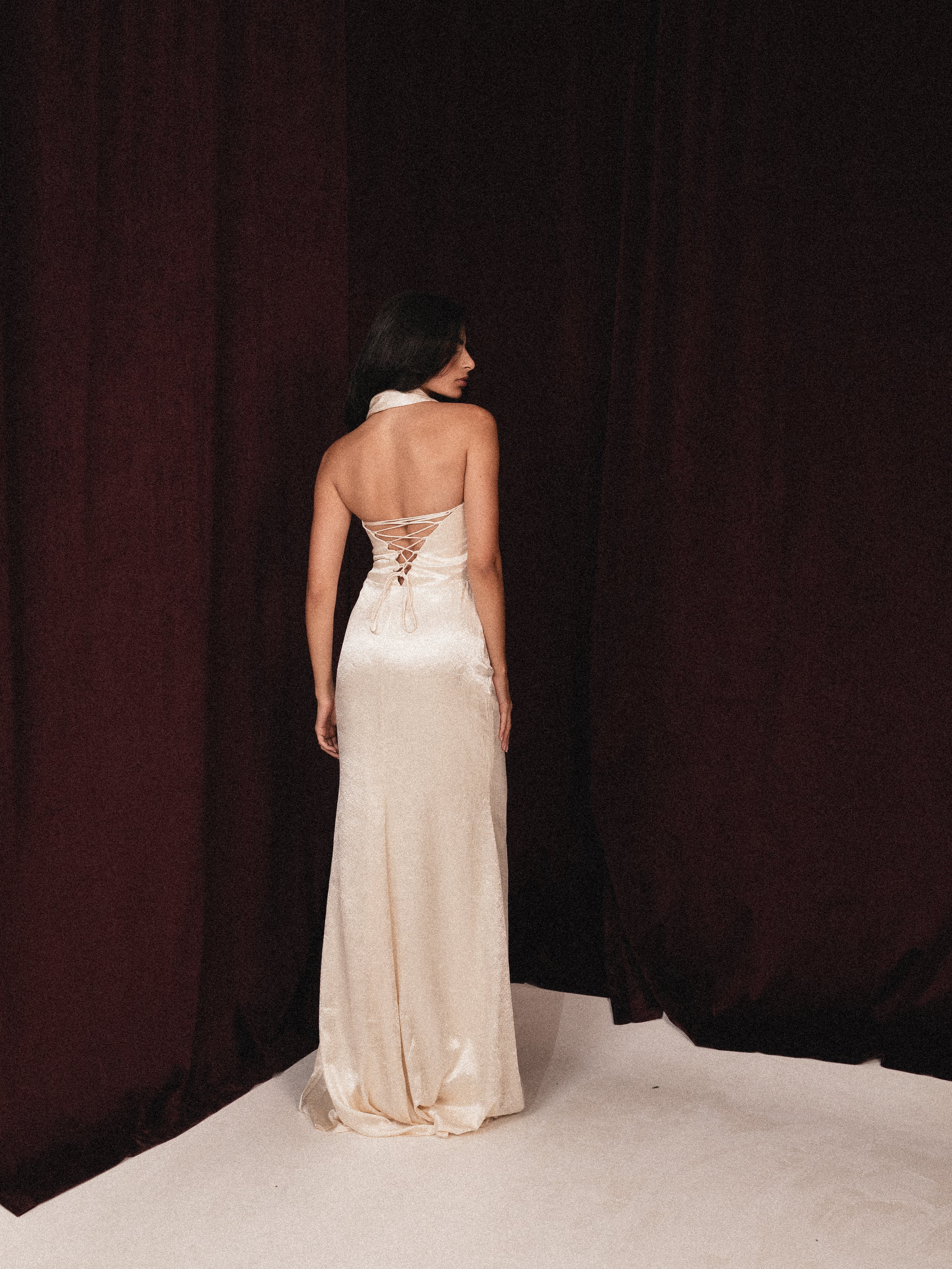 Halter neck backless satin dress in Beige