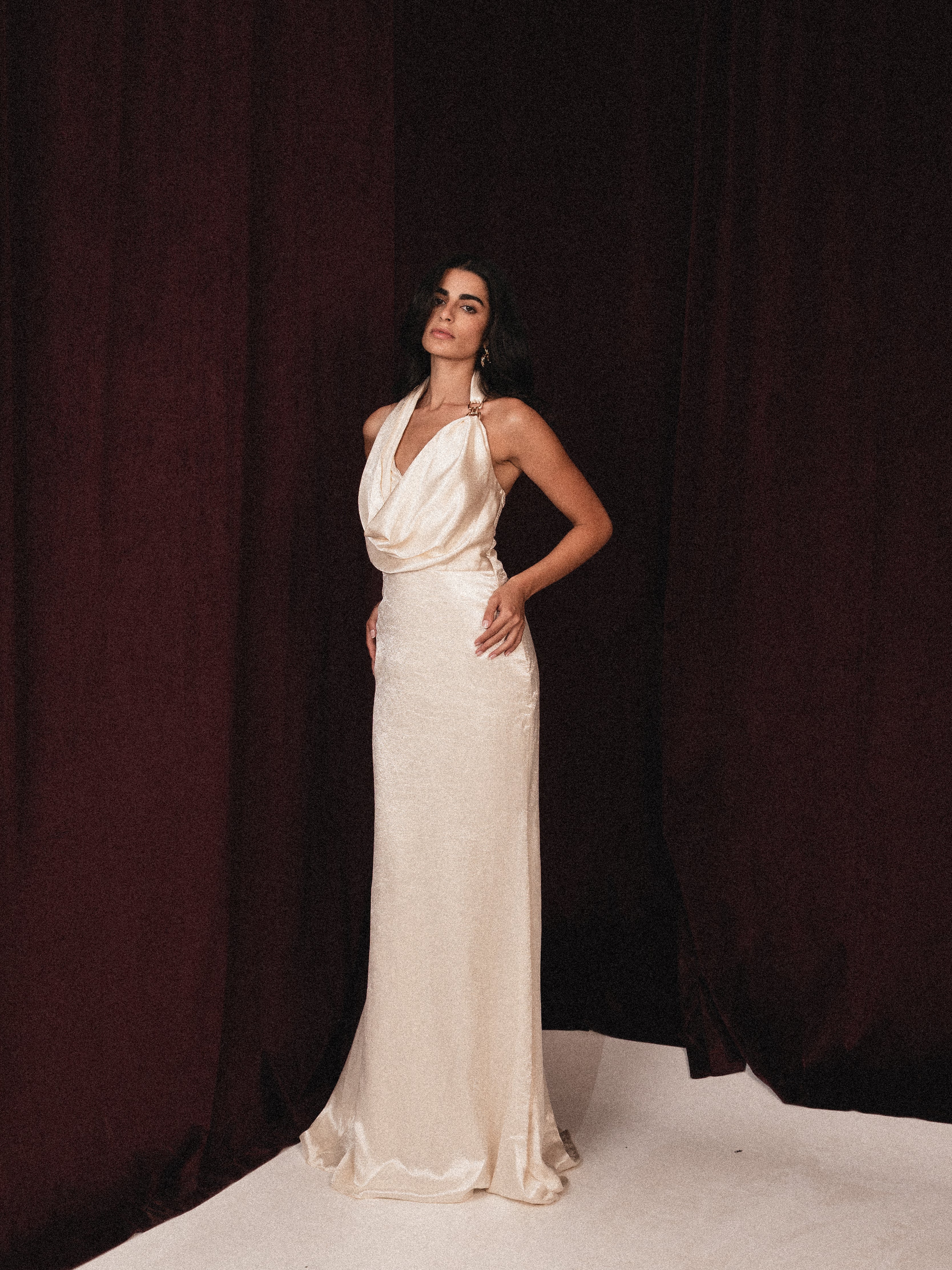 Halter neck backless satin dress in Beige