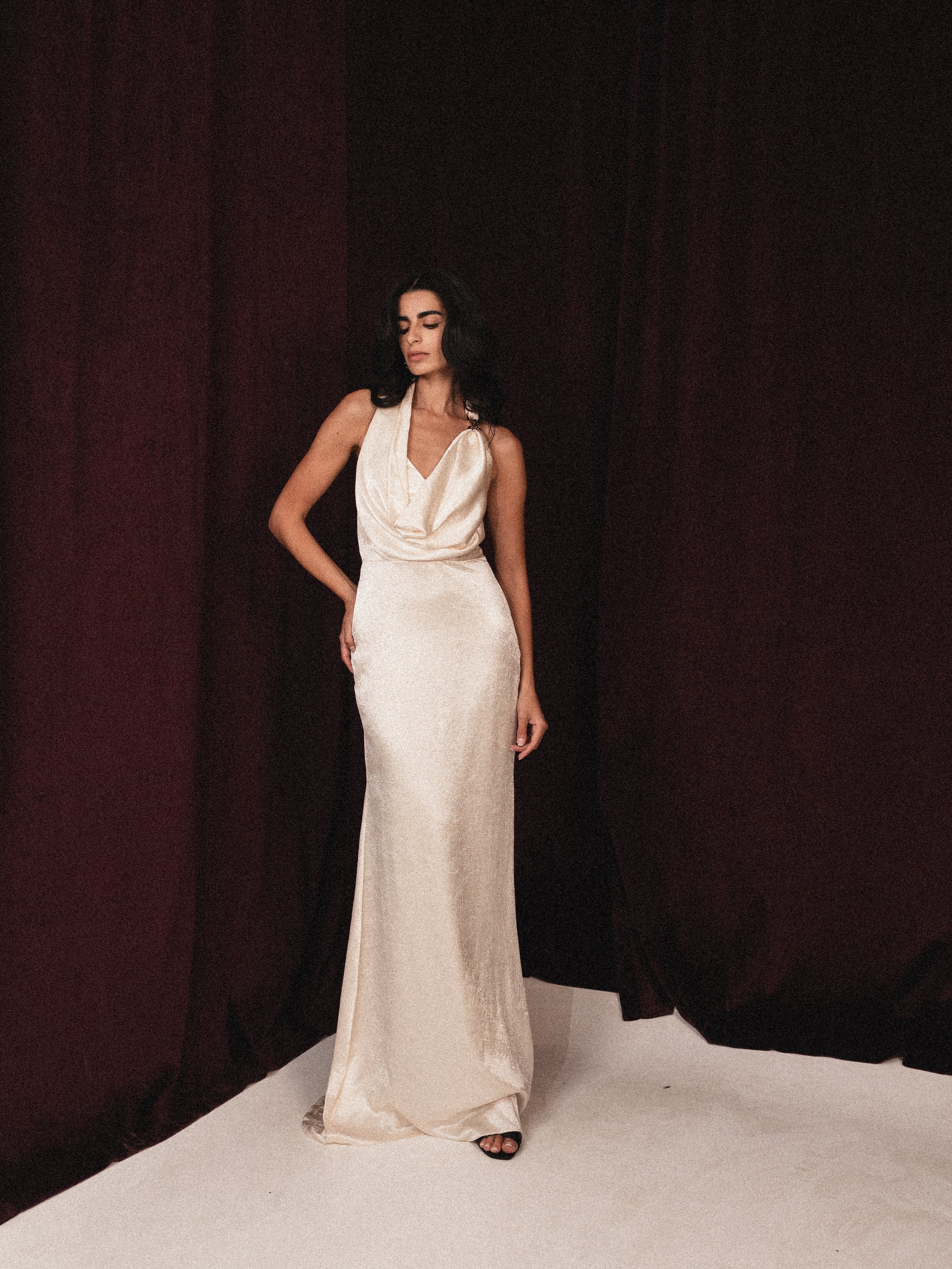 Halter neck backless satin dress in Beige