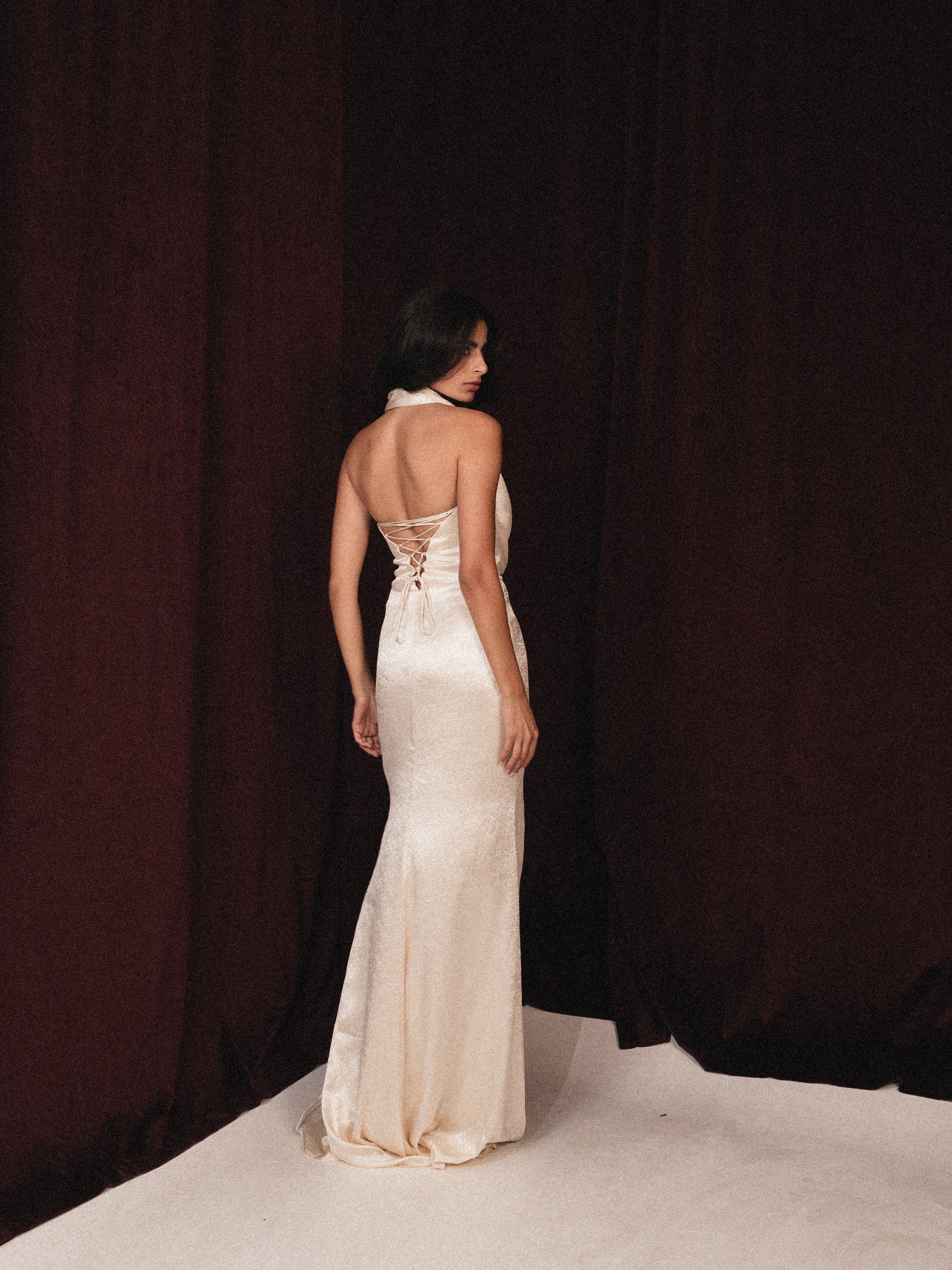 Halter neck backless satin dress in Beige