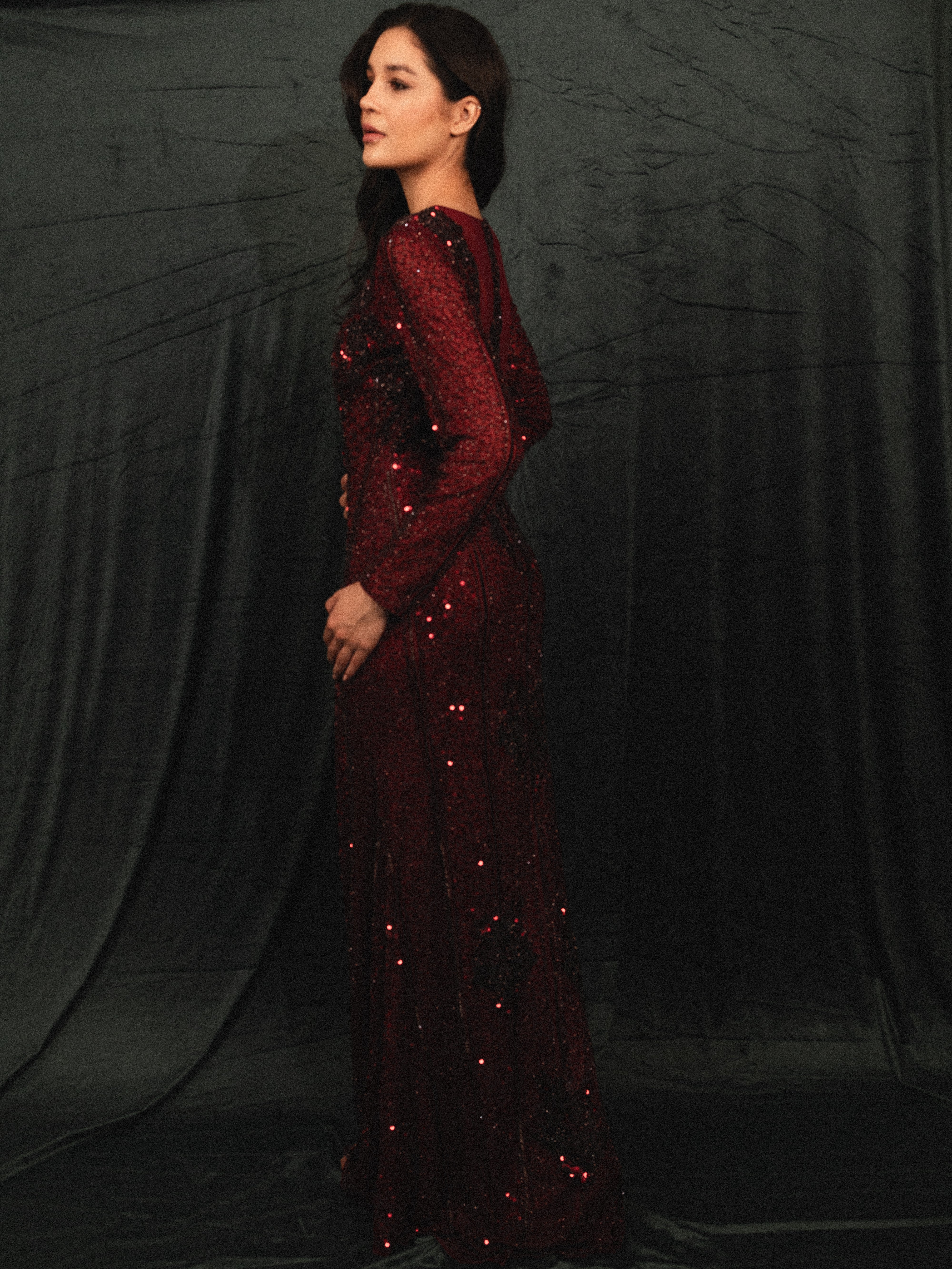 BEADED MODEST DRESS IN BURGUNDY