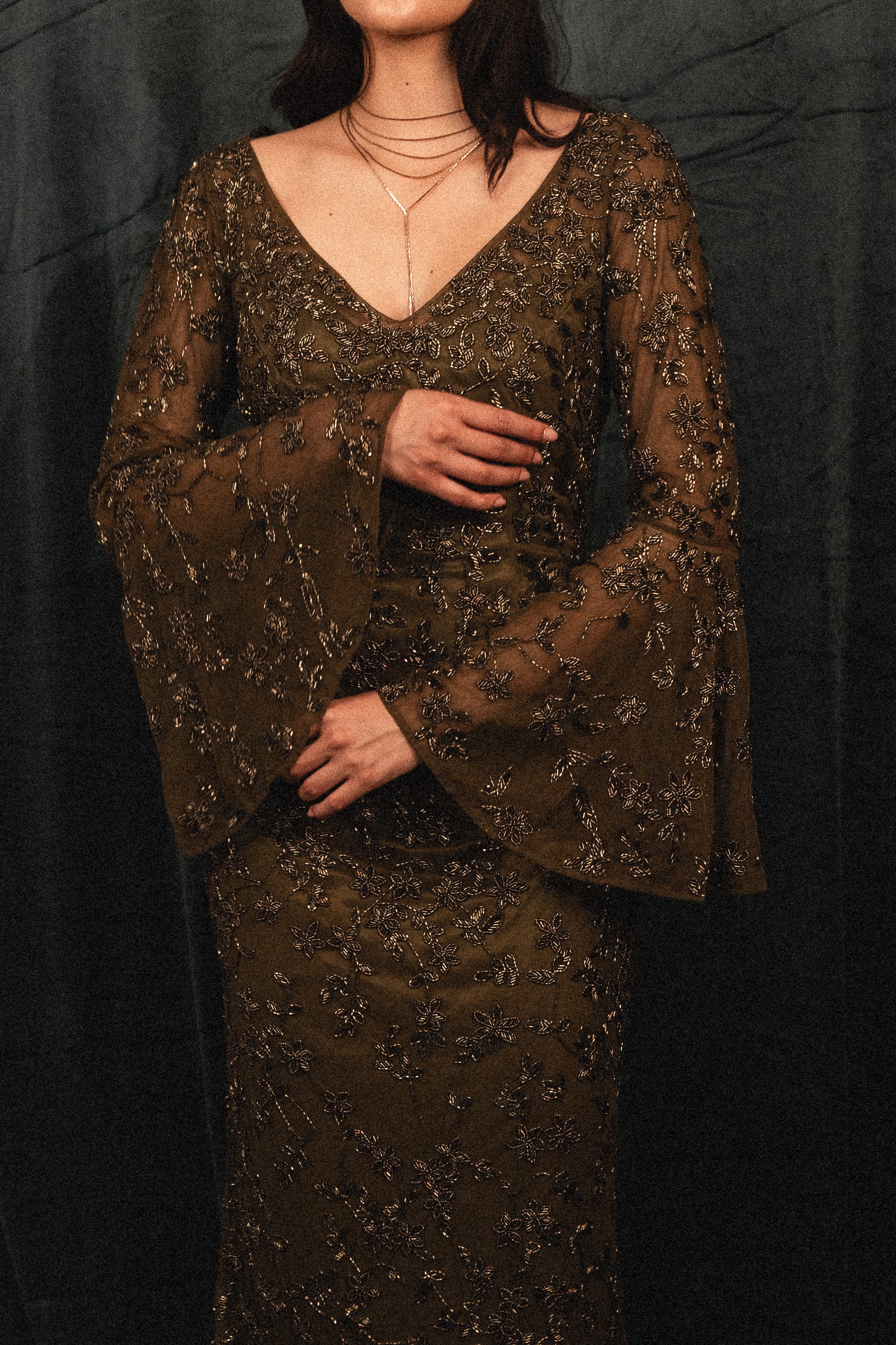 beaded modest ruffled long sleeve in olive