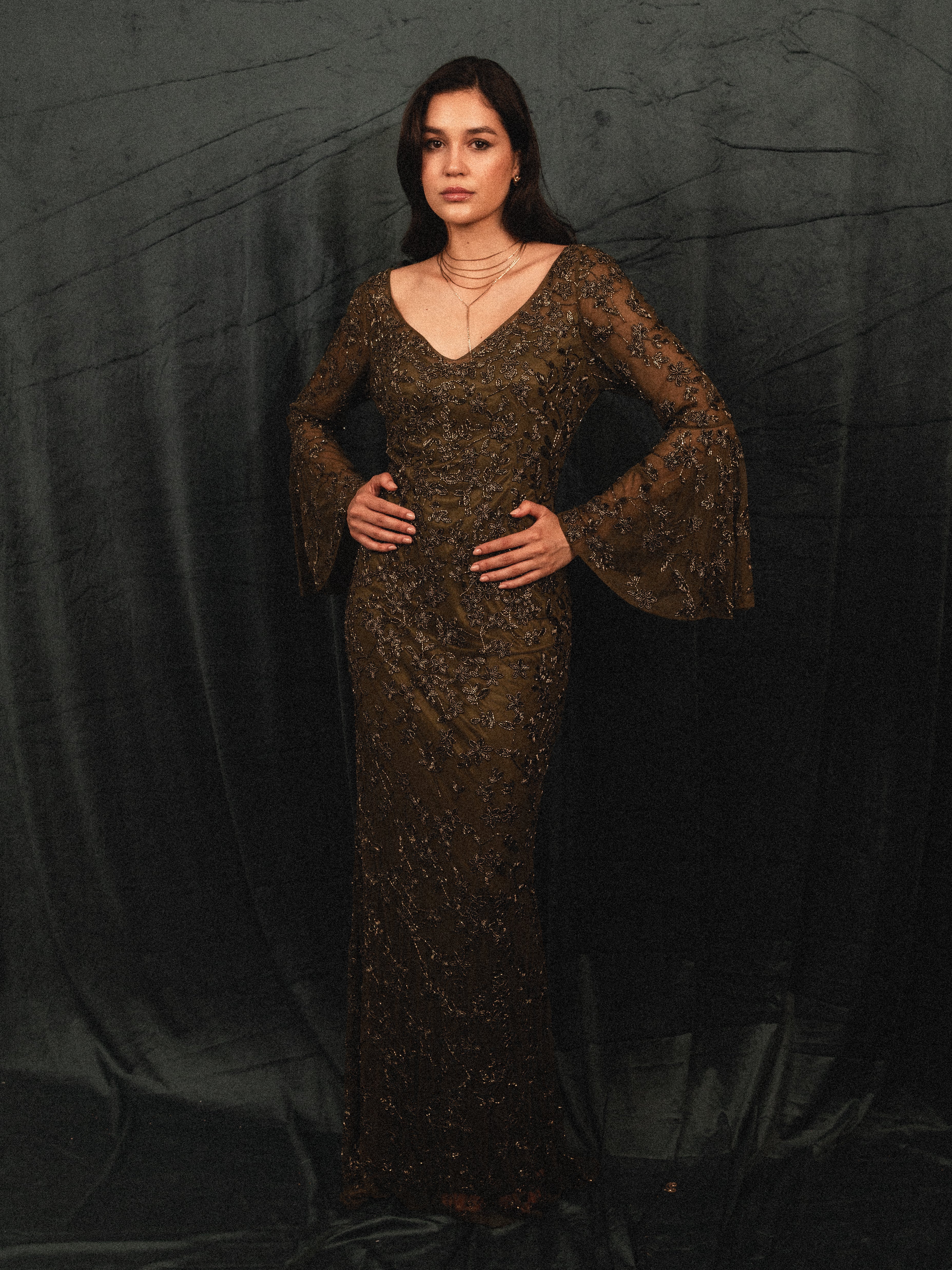 beaded modest ruffled long sleeve in olive