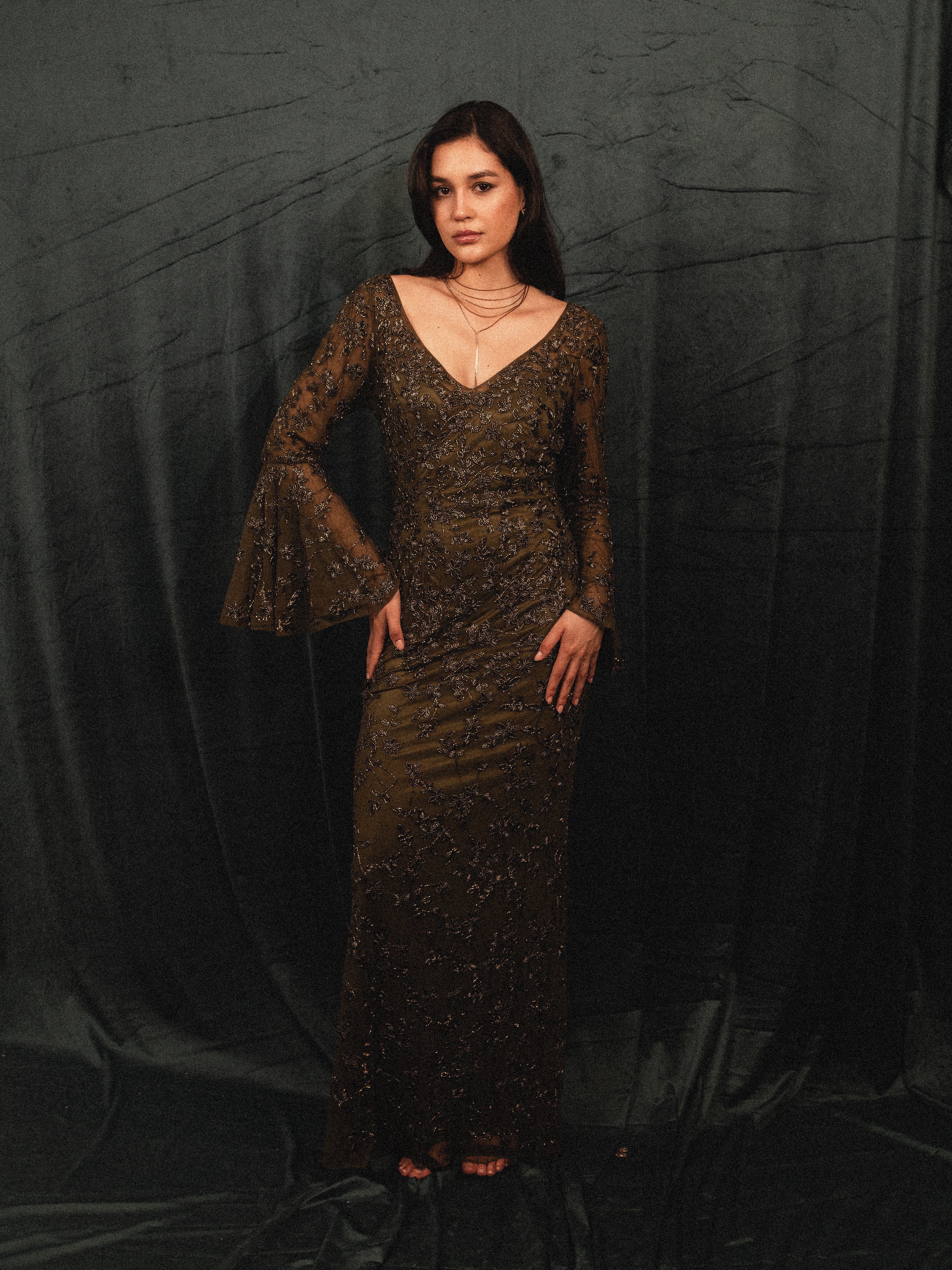 beaded modest ruffled long sleeve in olive