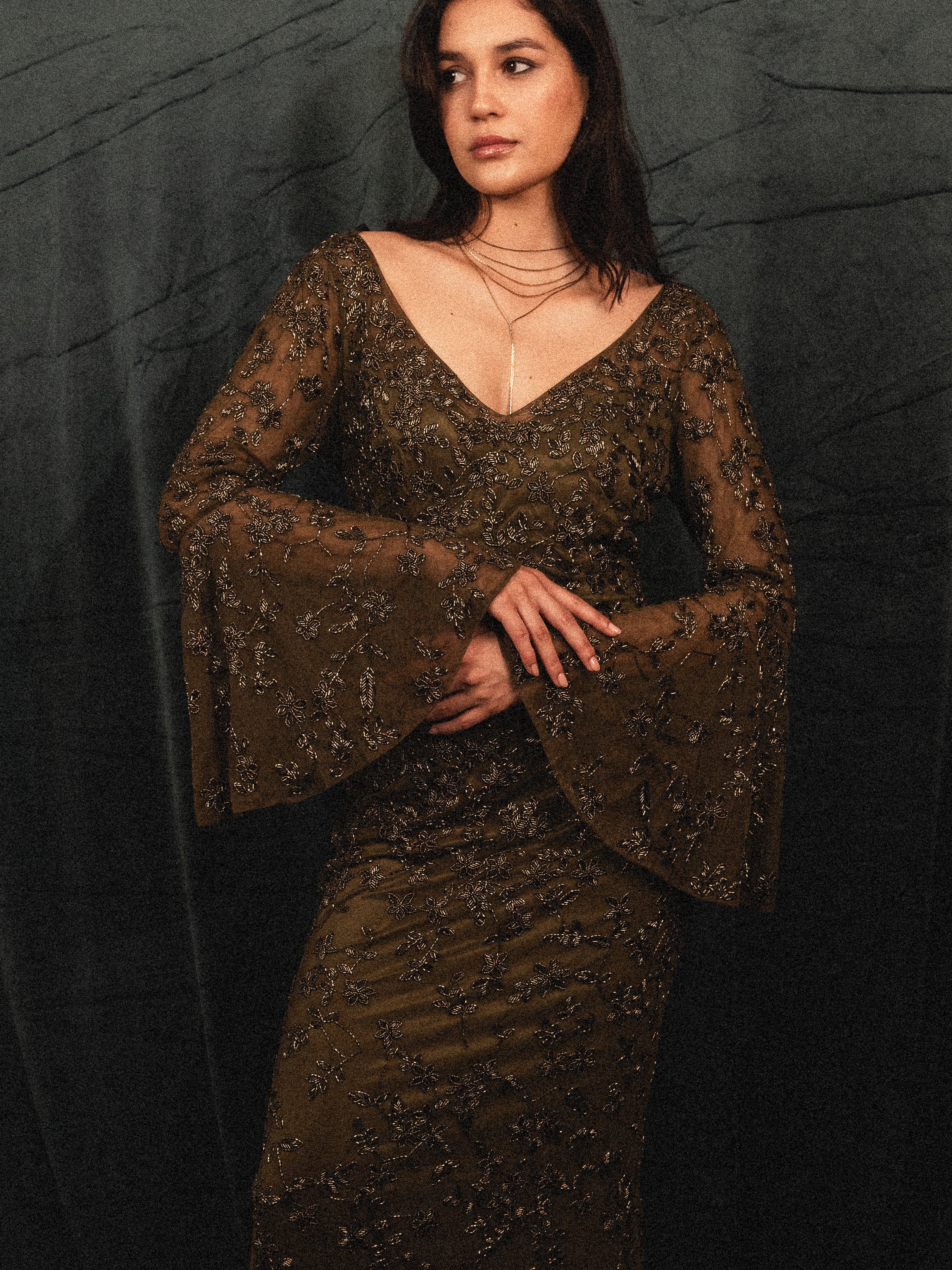 beaded modest ruffled long sleeve in olive