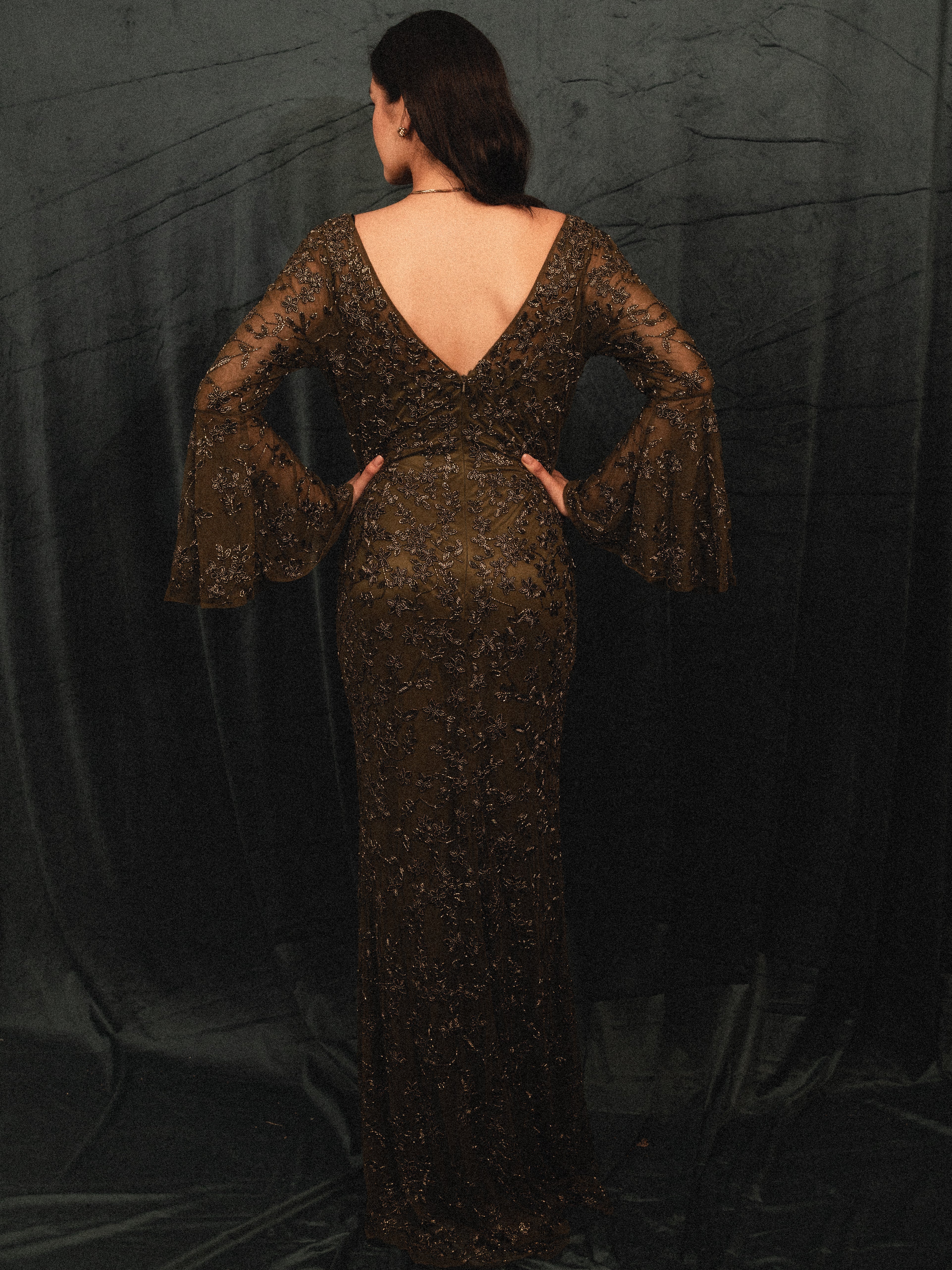 beaded modest ruffled long sleeve in olive