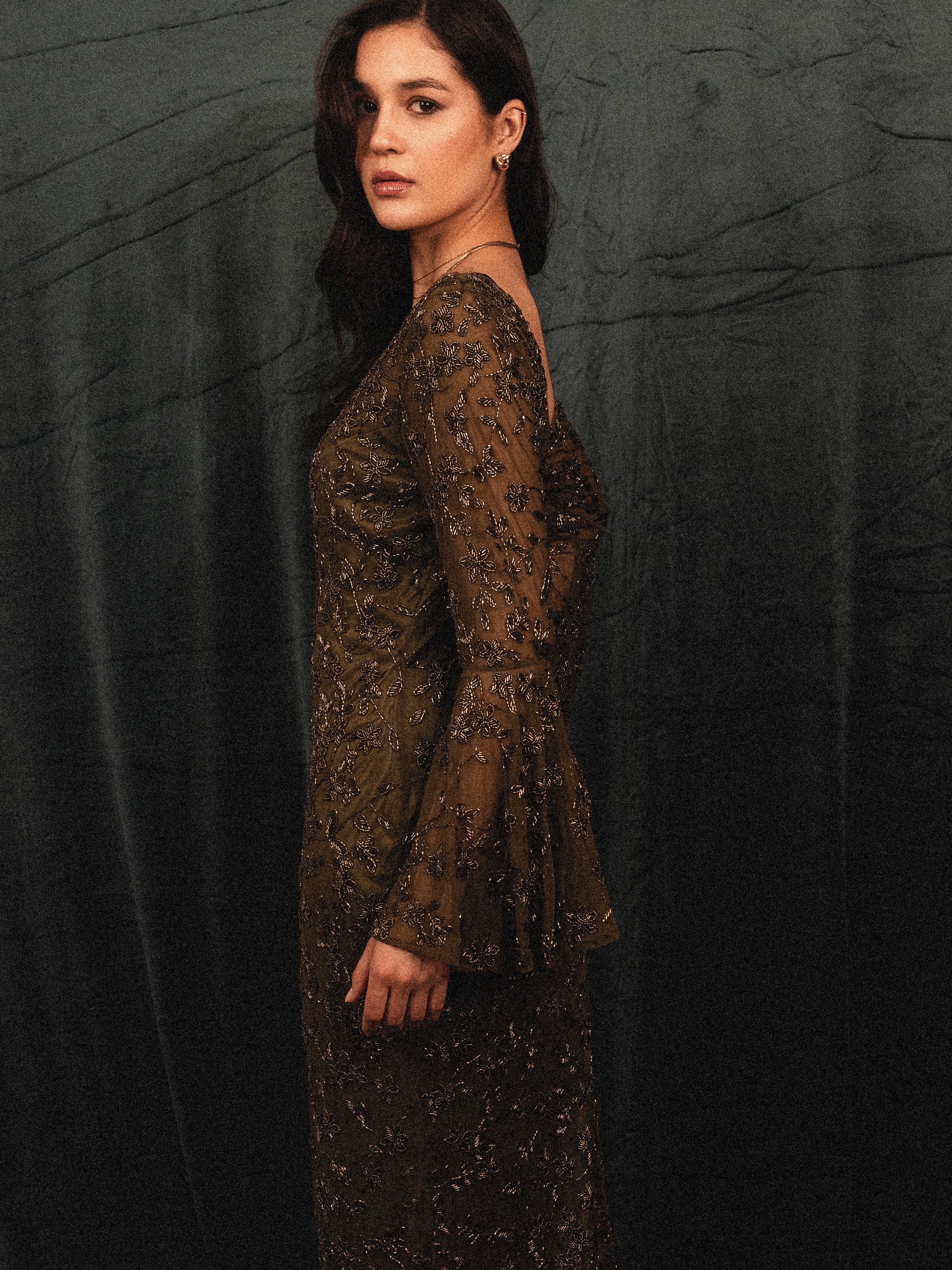 beaded modest ruffled long sleeve in olive