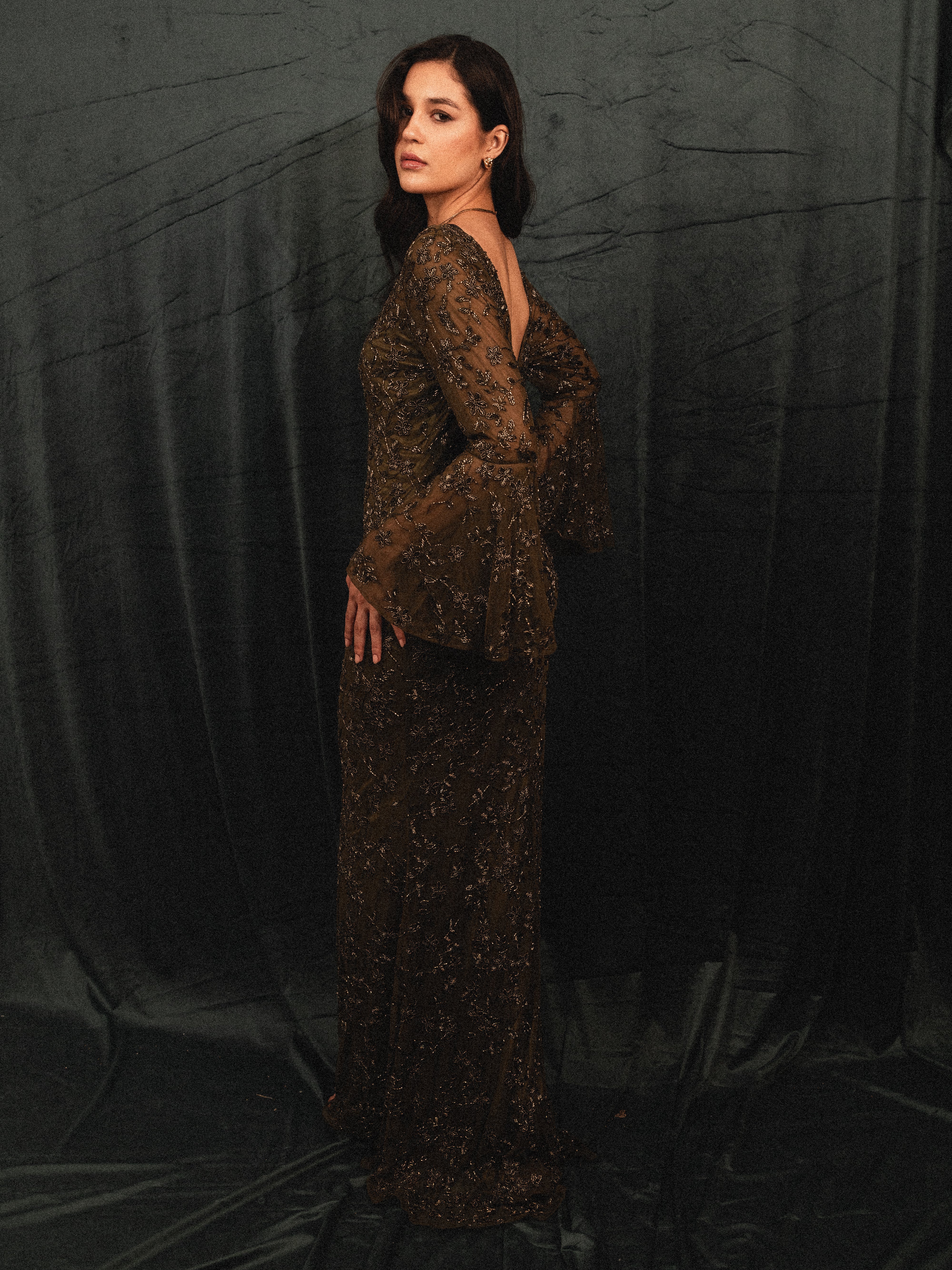 beaded modest ruffled long sleeve in olive
