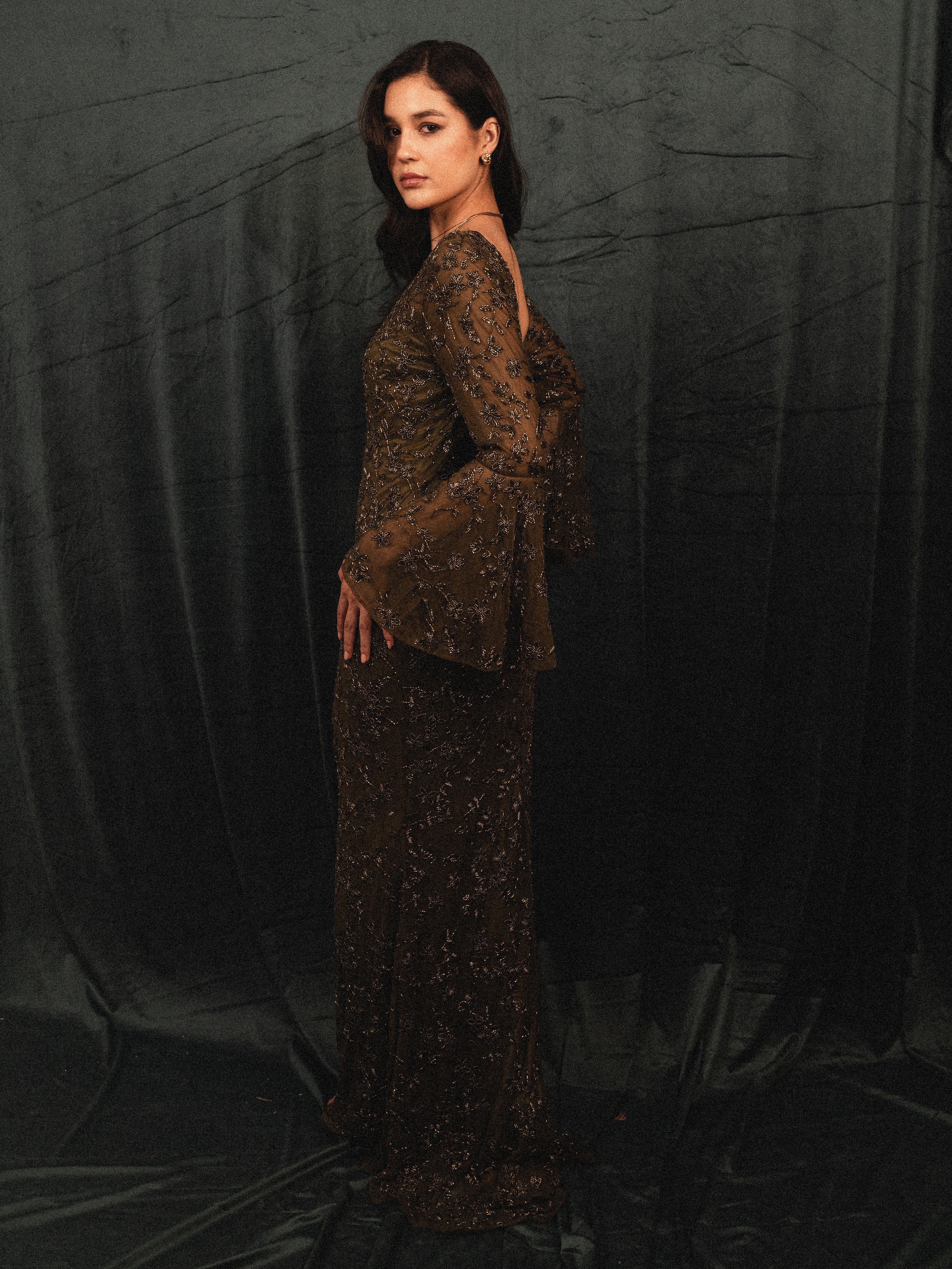 beaded modest ruffled long sleeve in olive