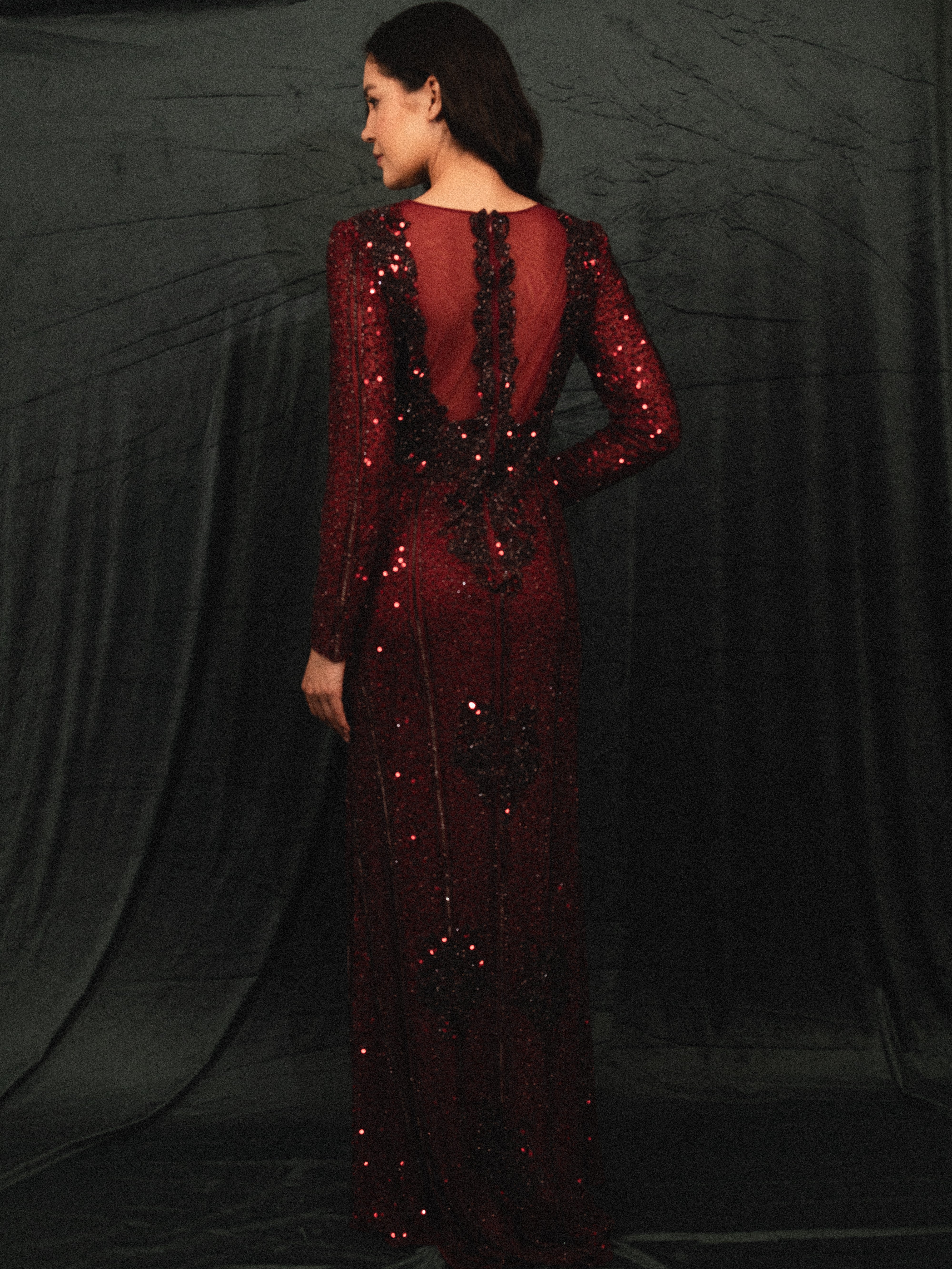 BEADED MODEST DRESS IN BURGUNDY