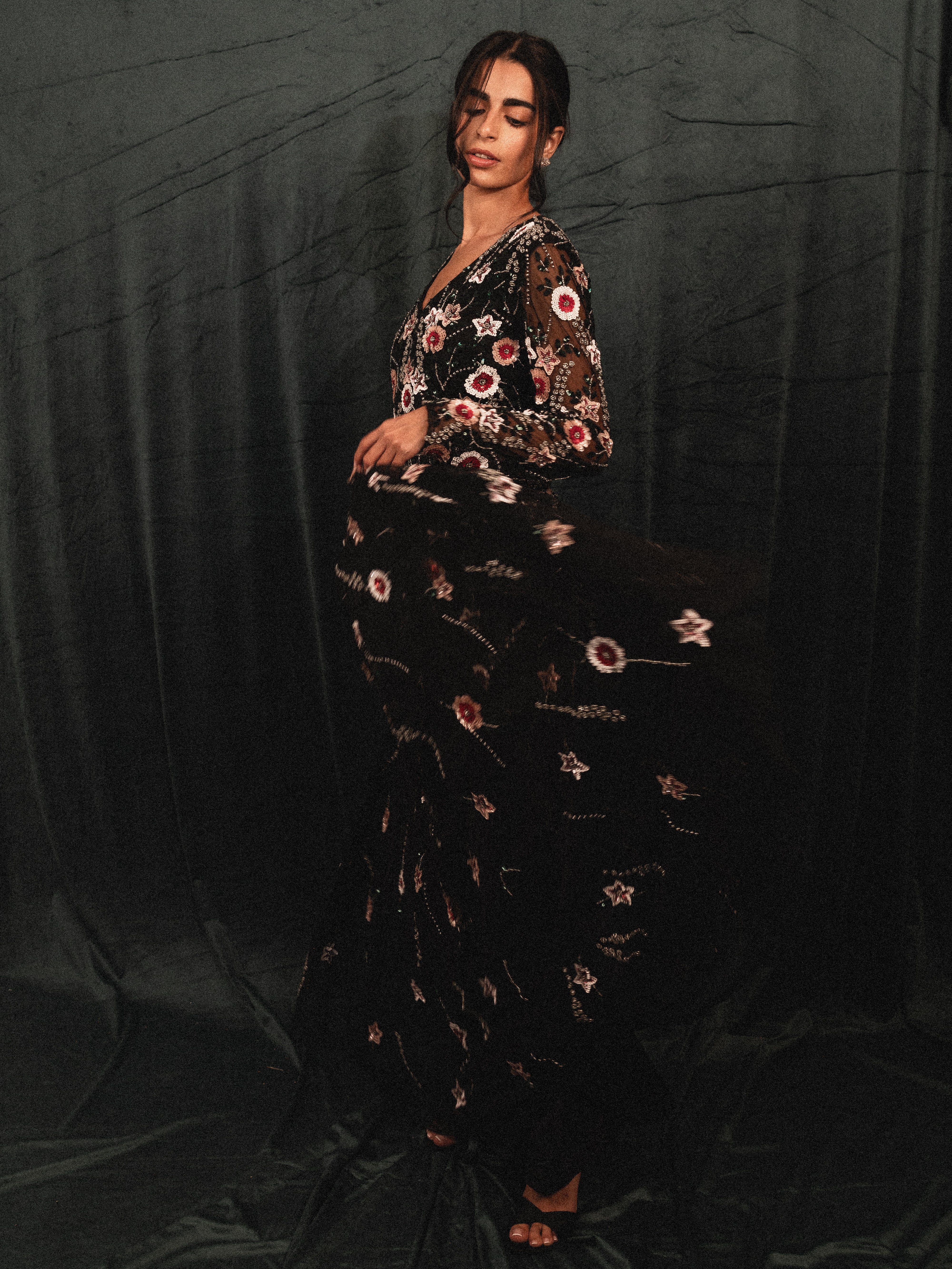 garden long beaded modest dress in BLACK