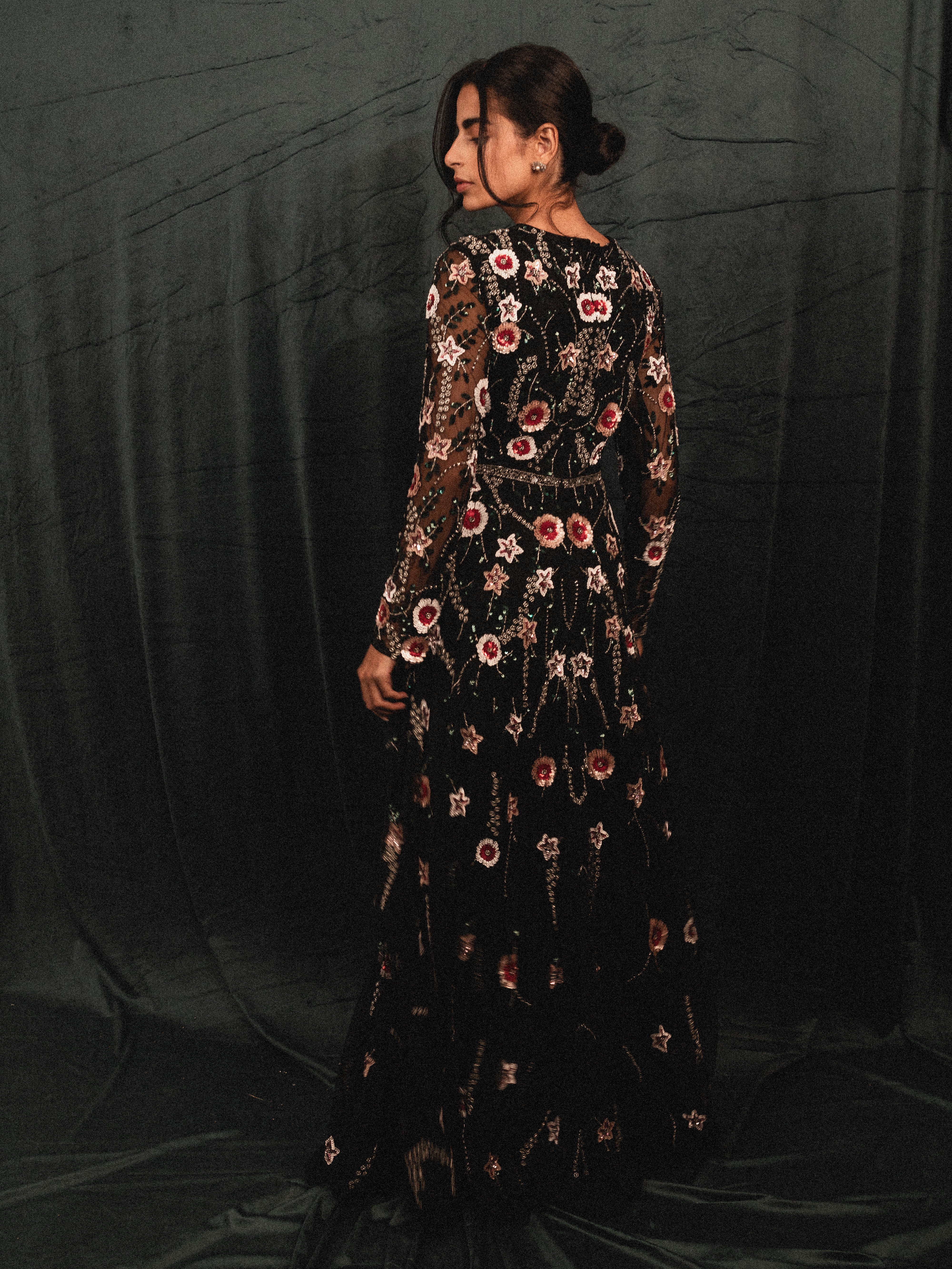garden long beaded modest dress in BLACK