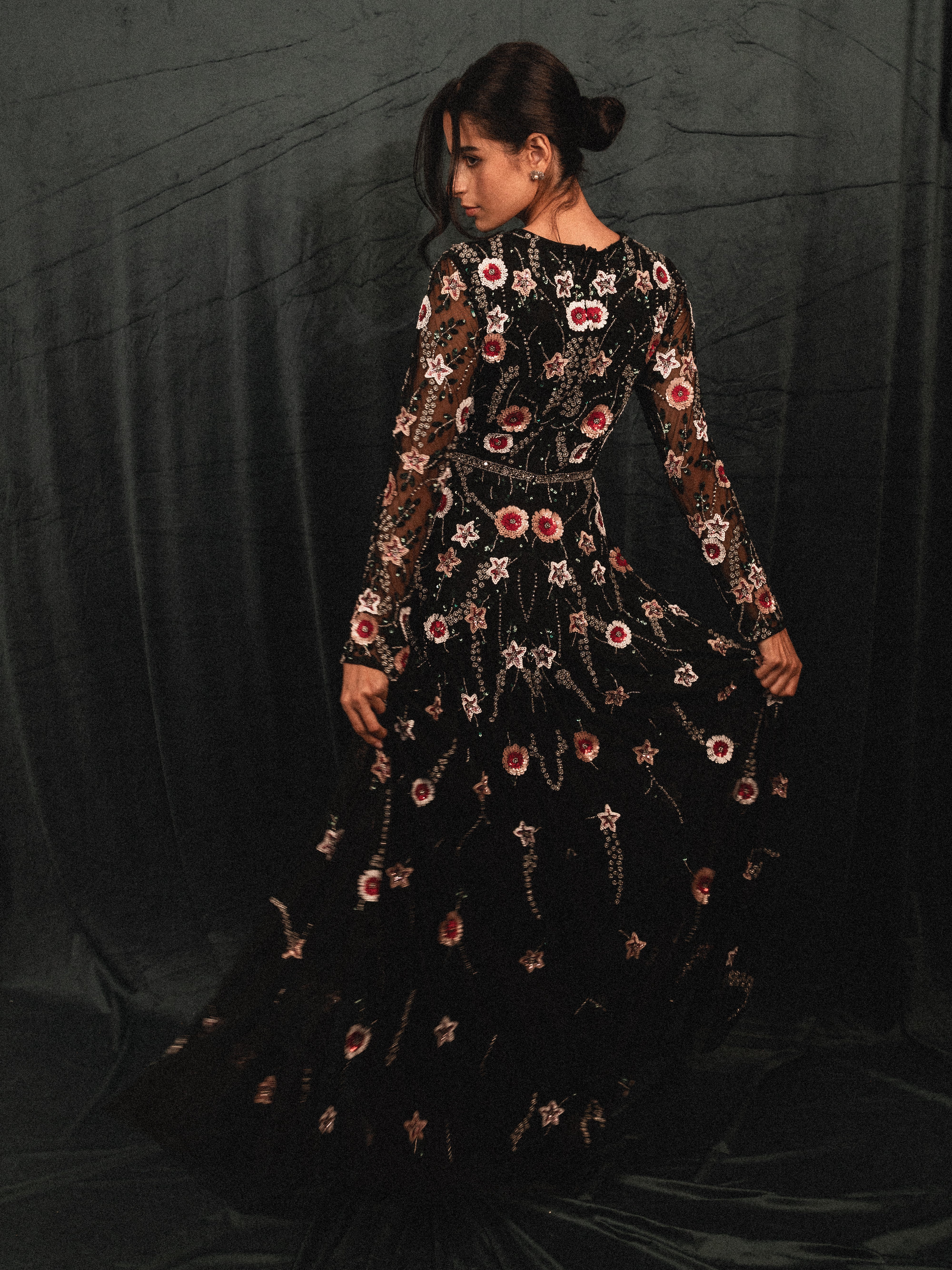 garden long beaded modest dress in BLACK