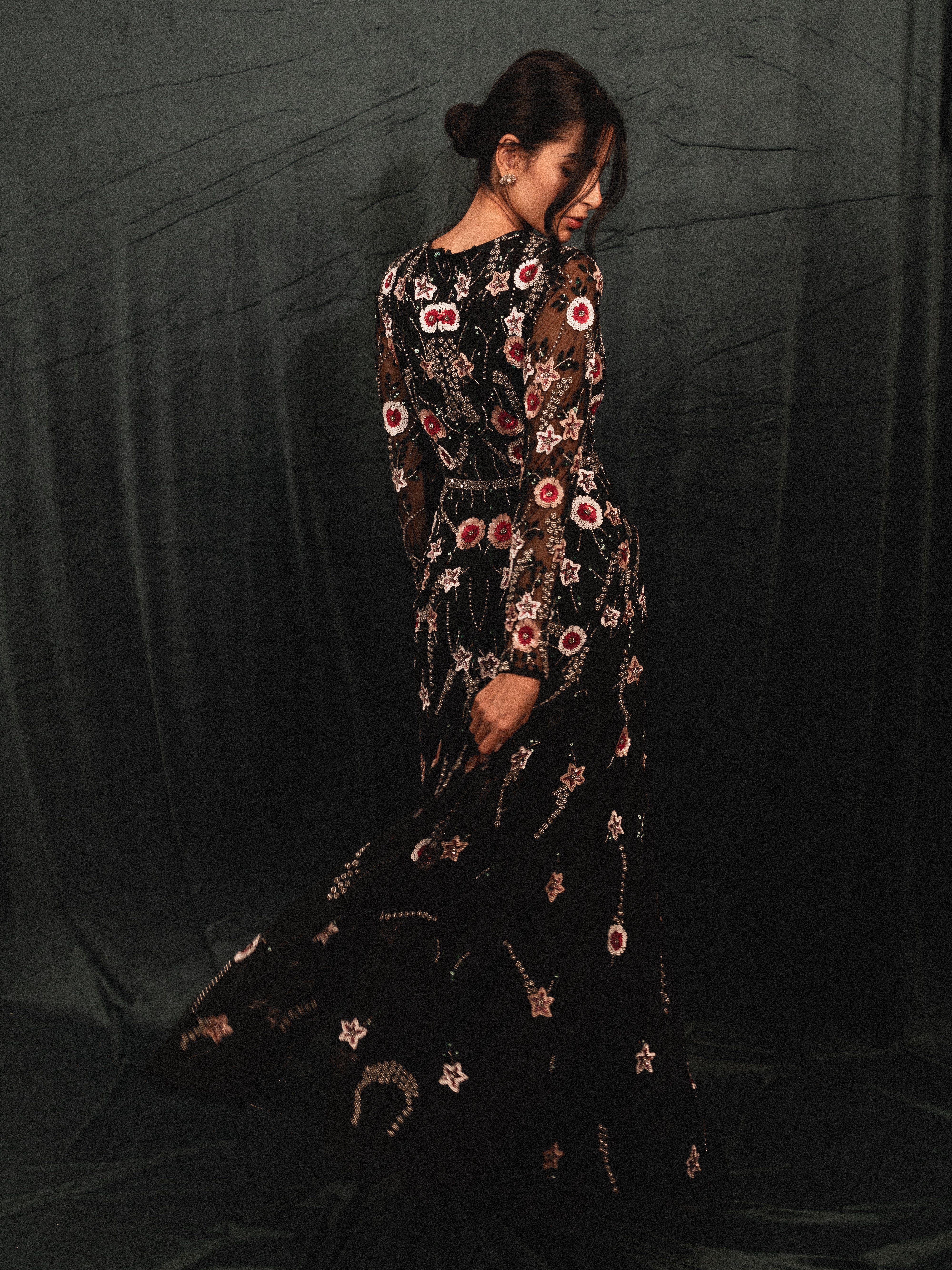 garden long beaded modest dress in BLACK