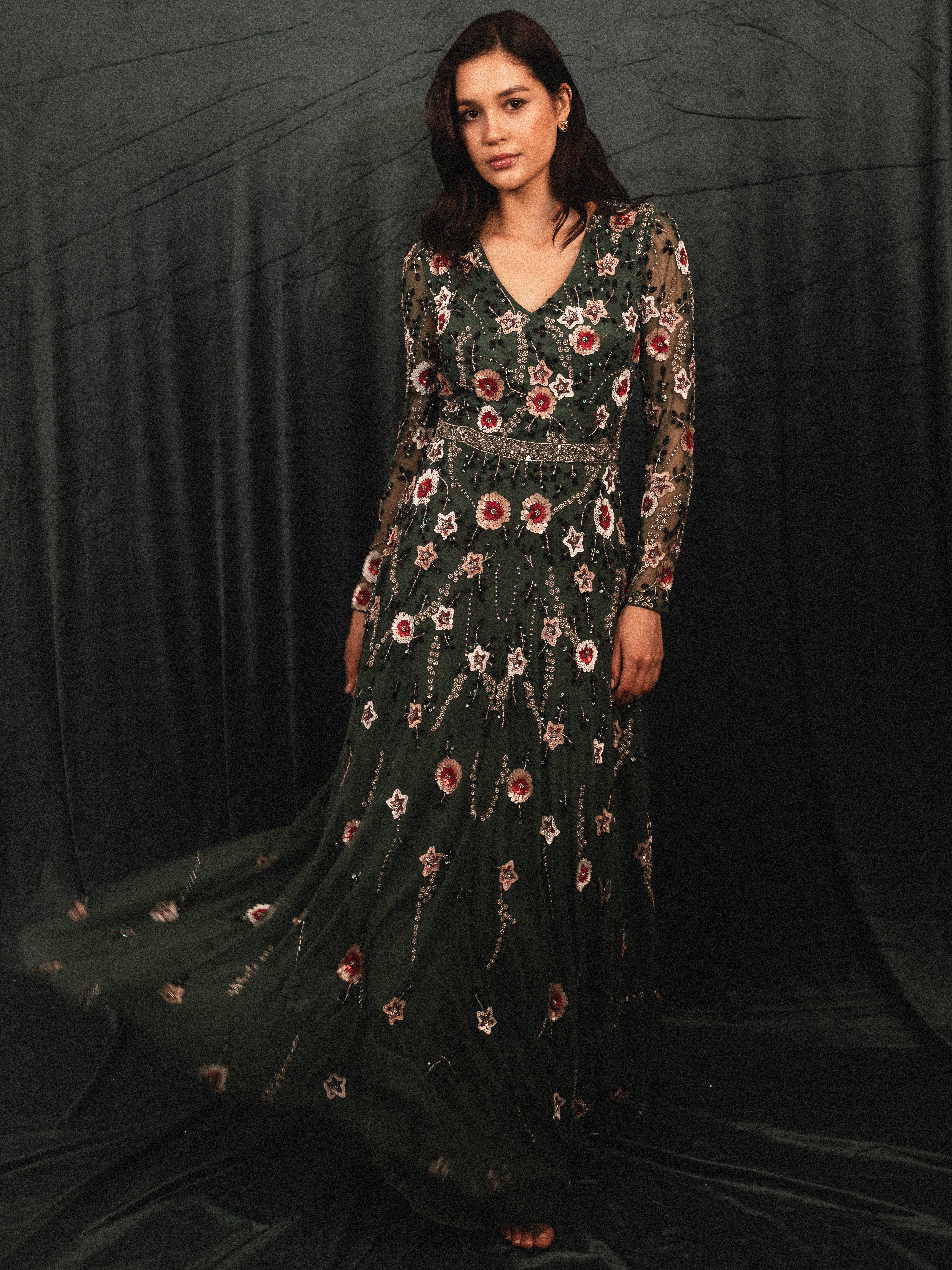garden long beaded modest dress in dark green
