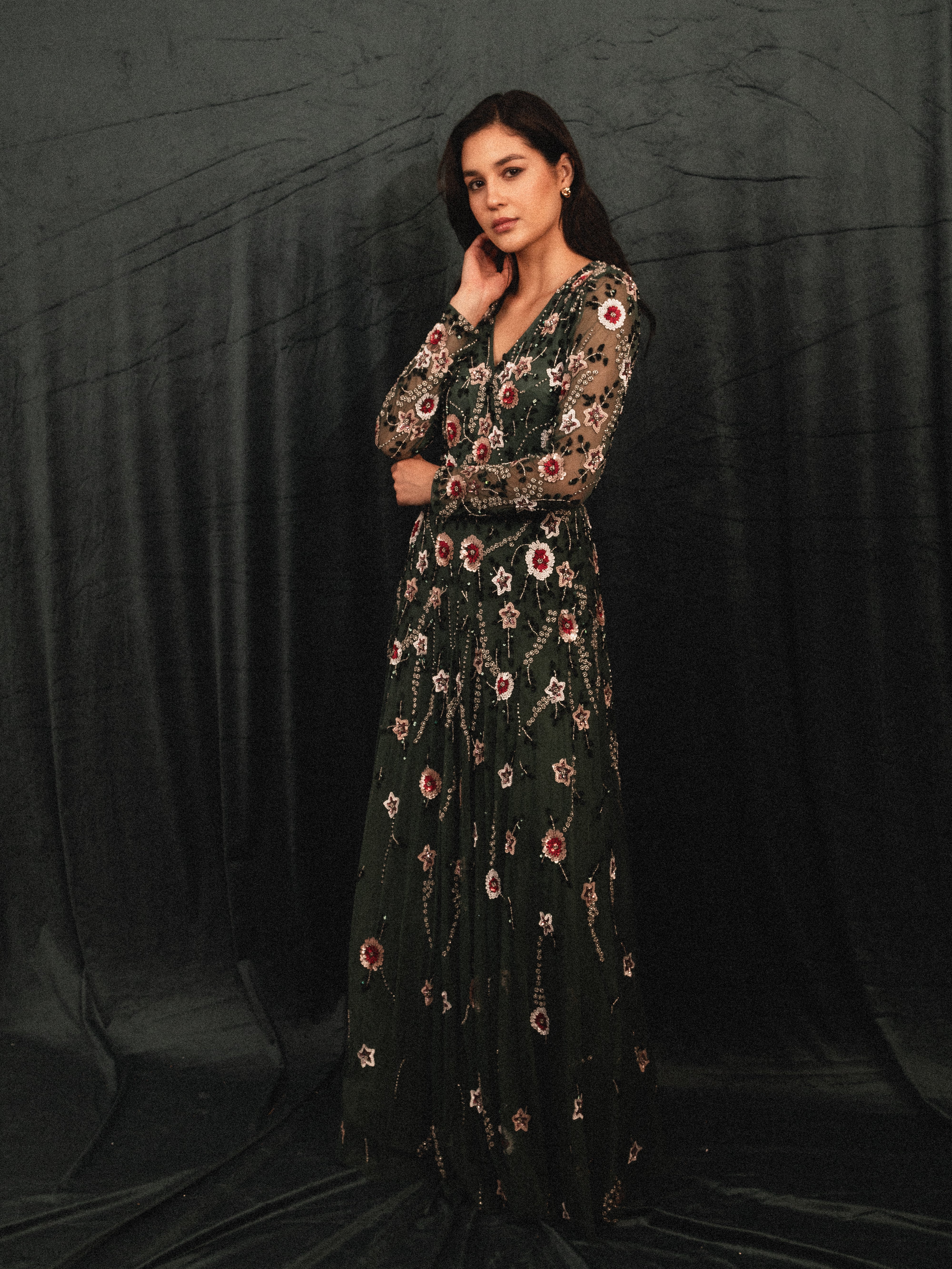 garden long beaded modest dress in dark green