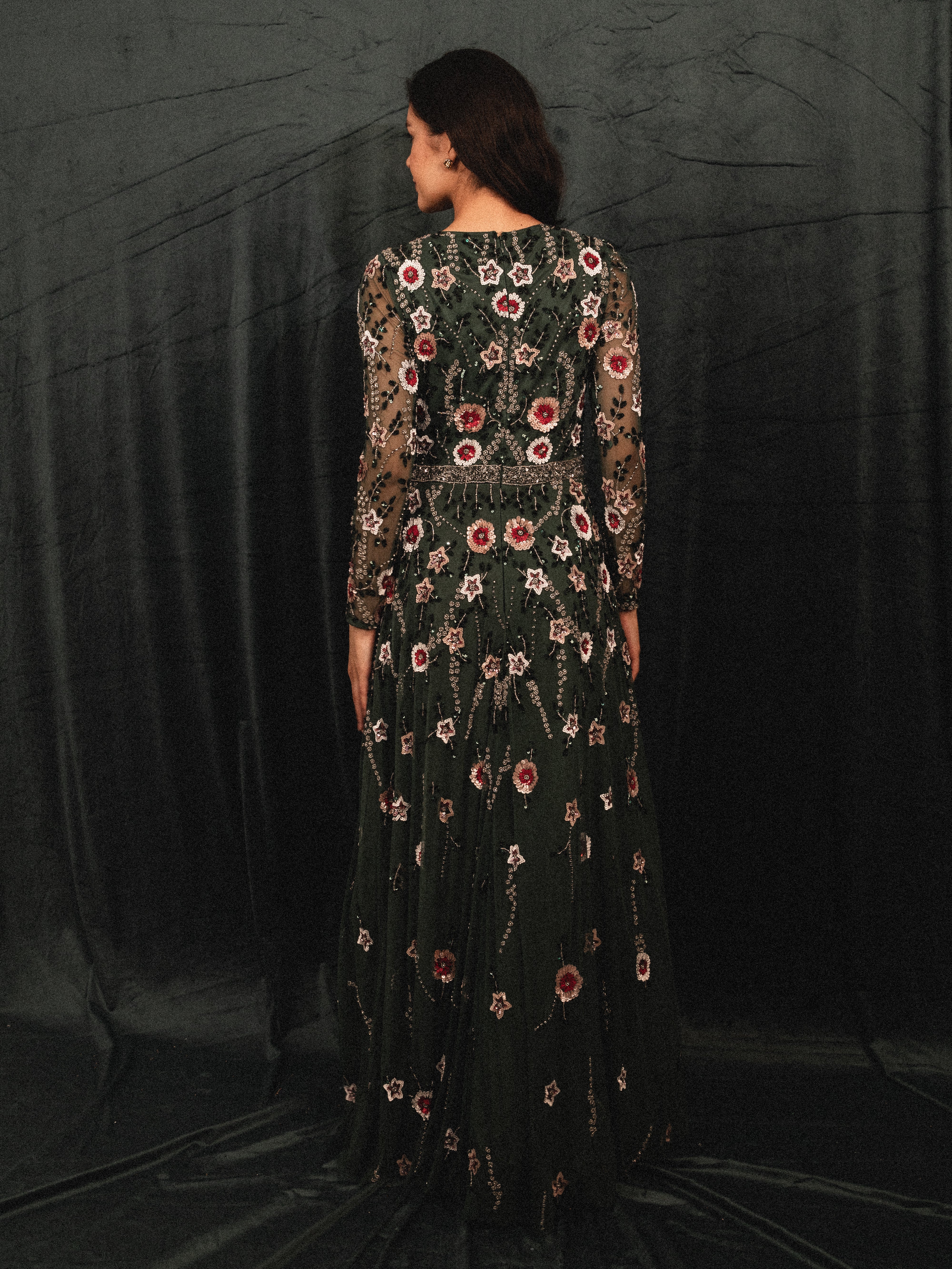garden long beaded modest dress in dark green