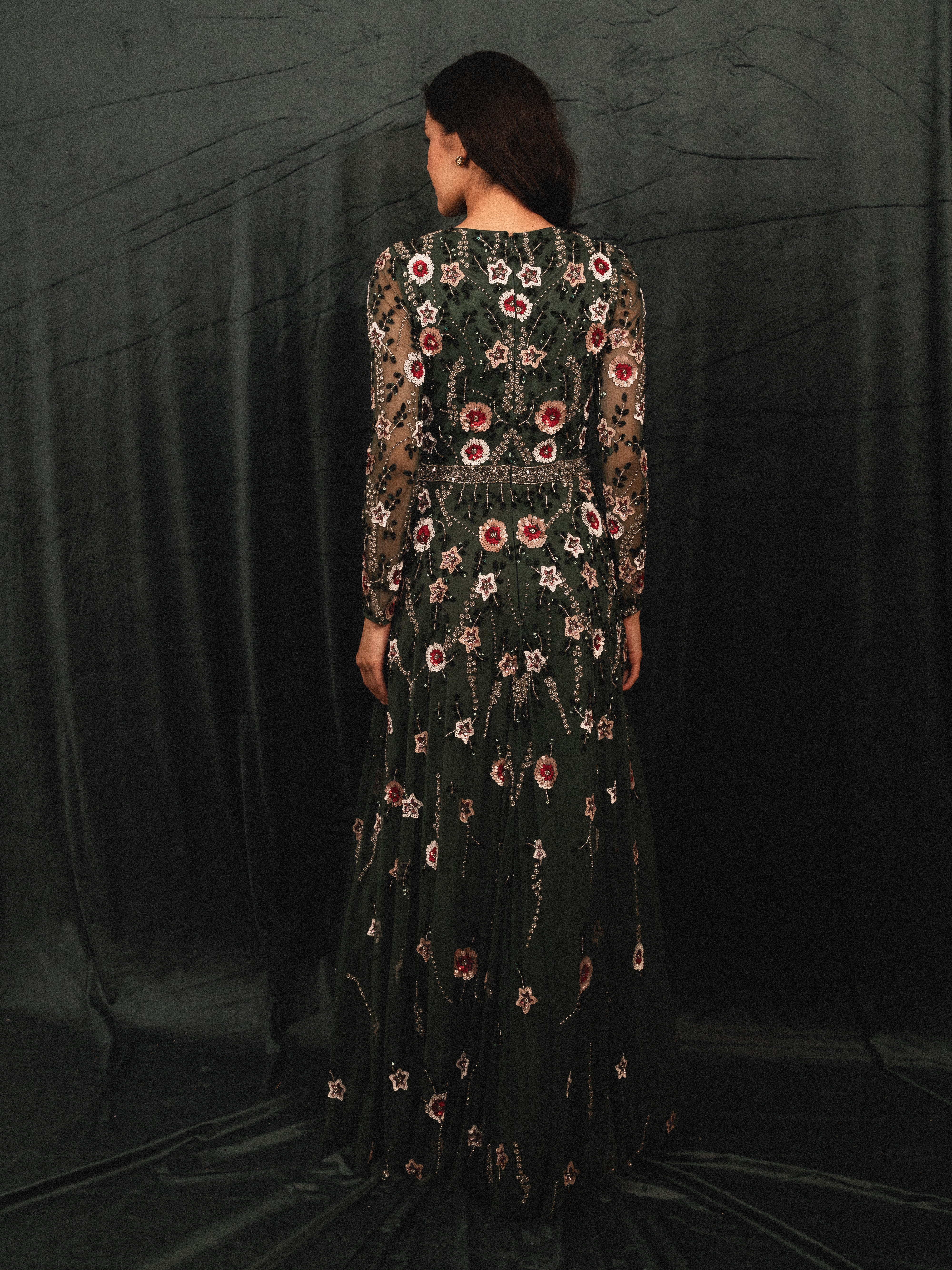 garden long beaded modest dress in dark green