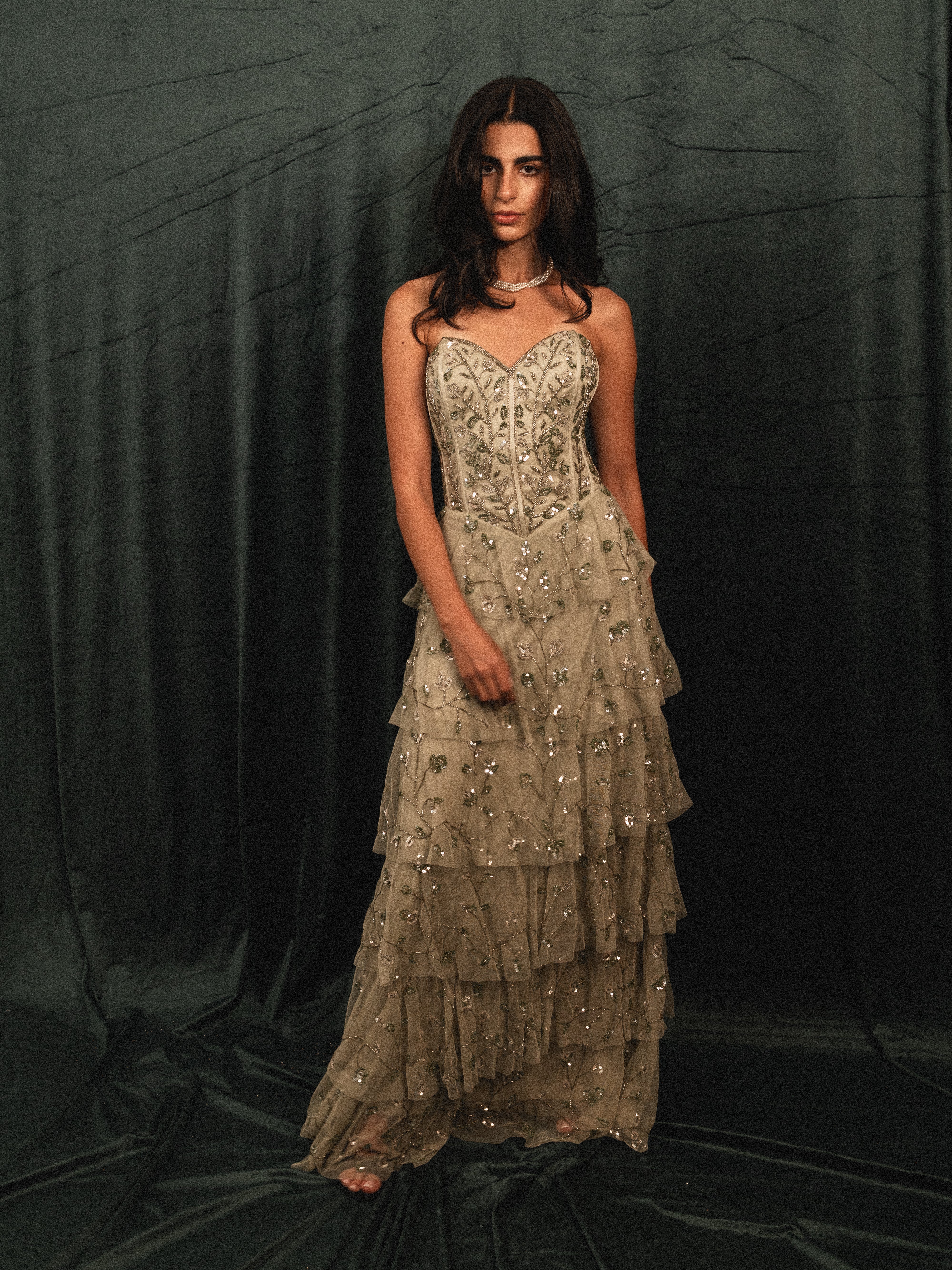 strapless ruffled long dress in mint