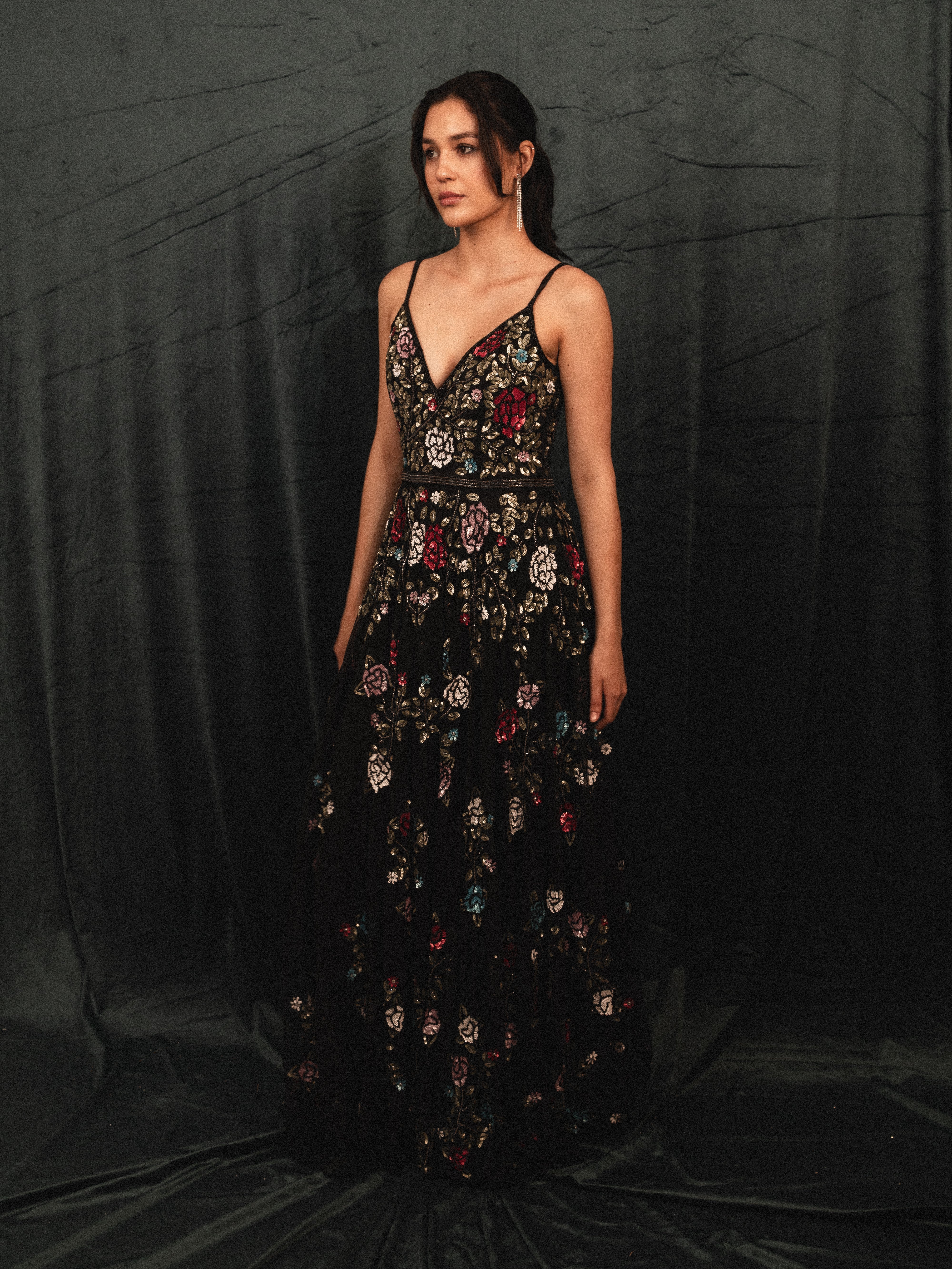 Long Beaded Garden Dress in black