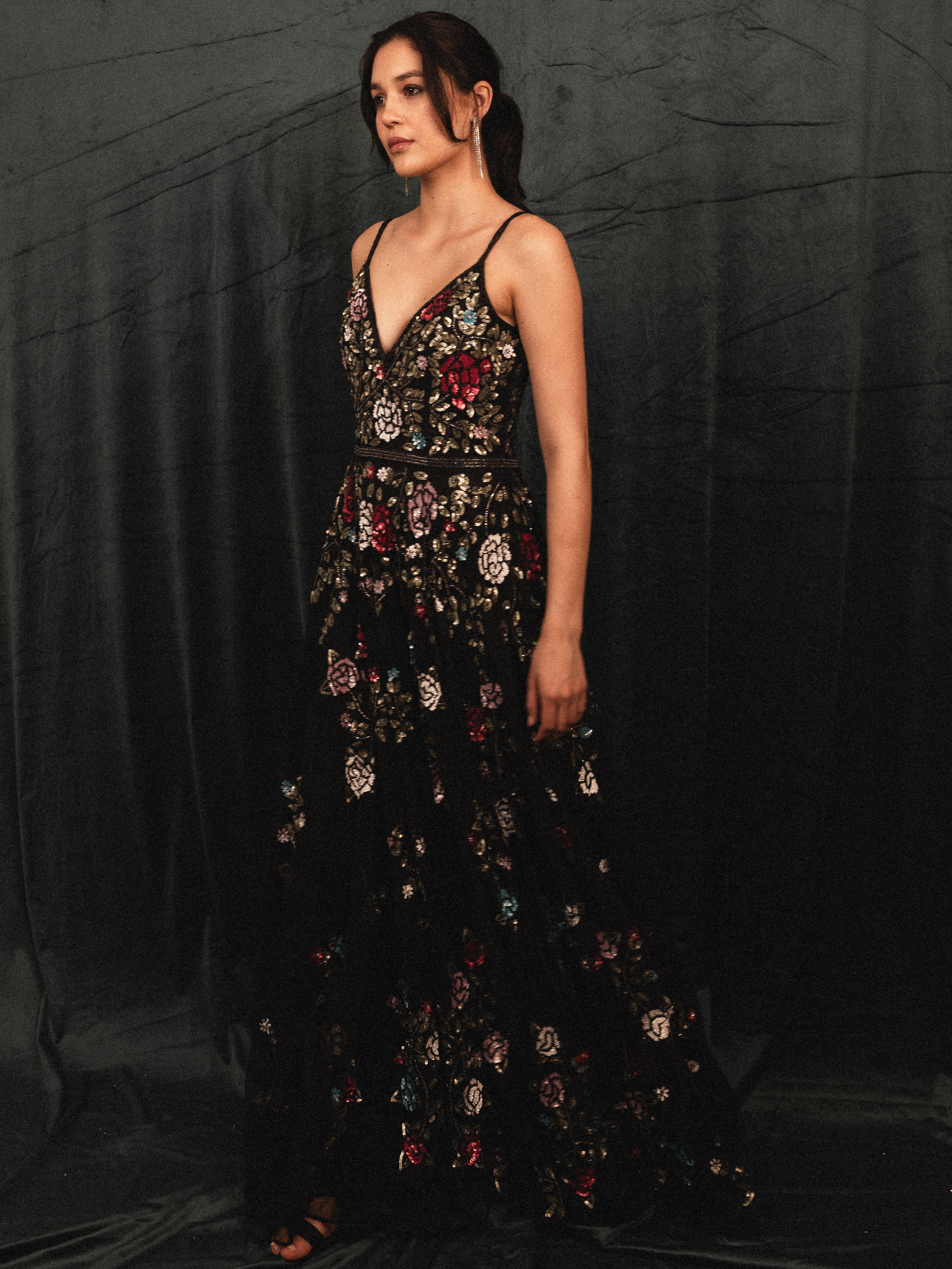 Long Beaded Garden Dress in black