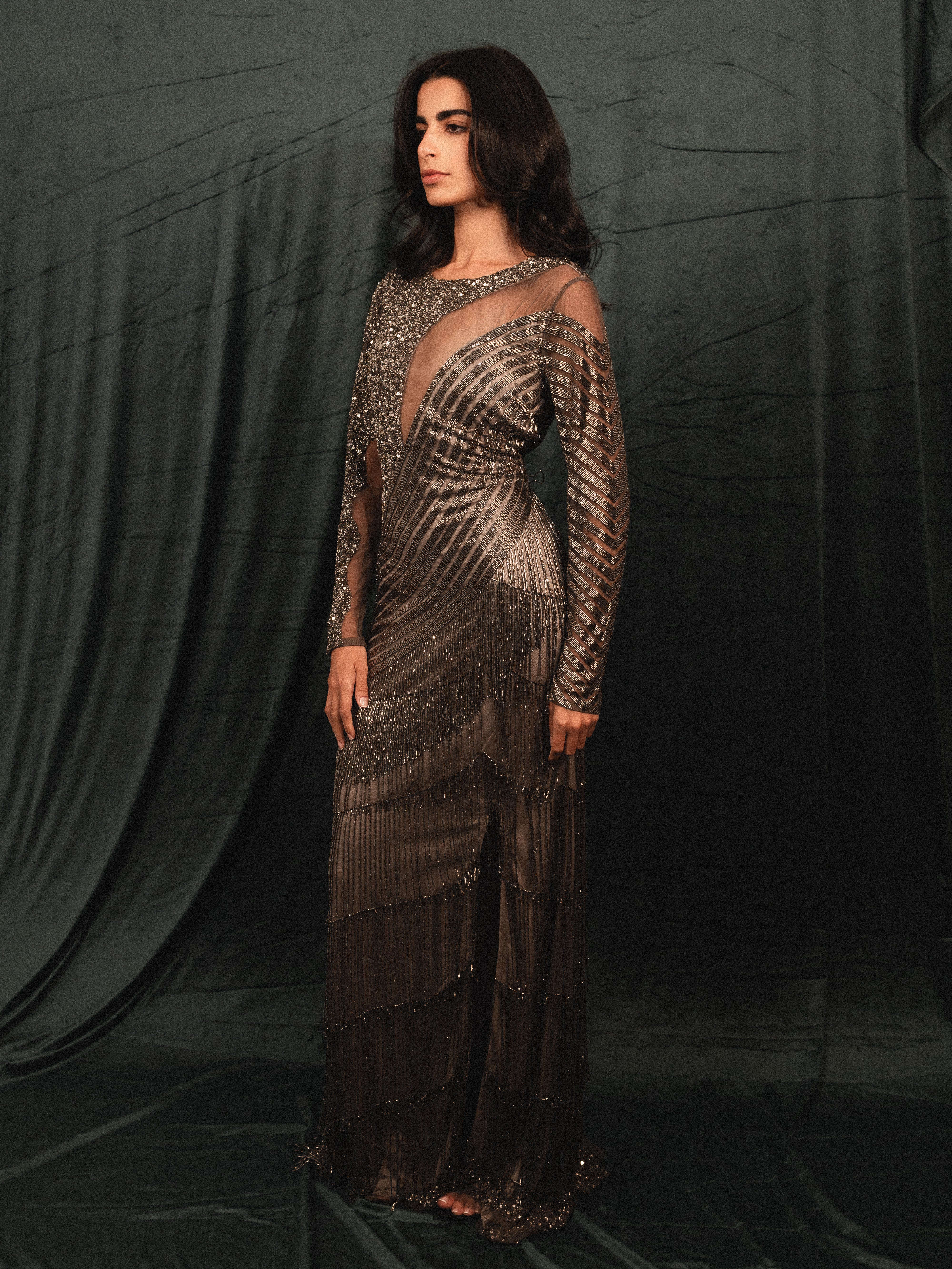 heavy Fringes backless and cutout long dress in silver