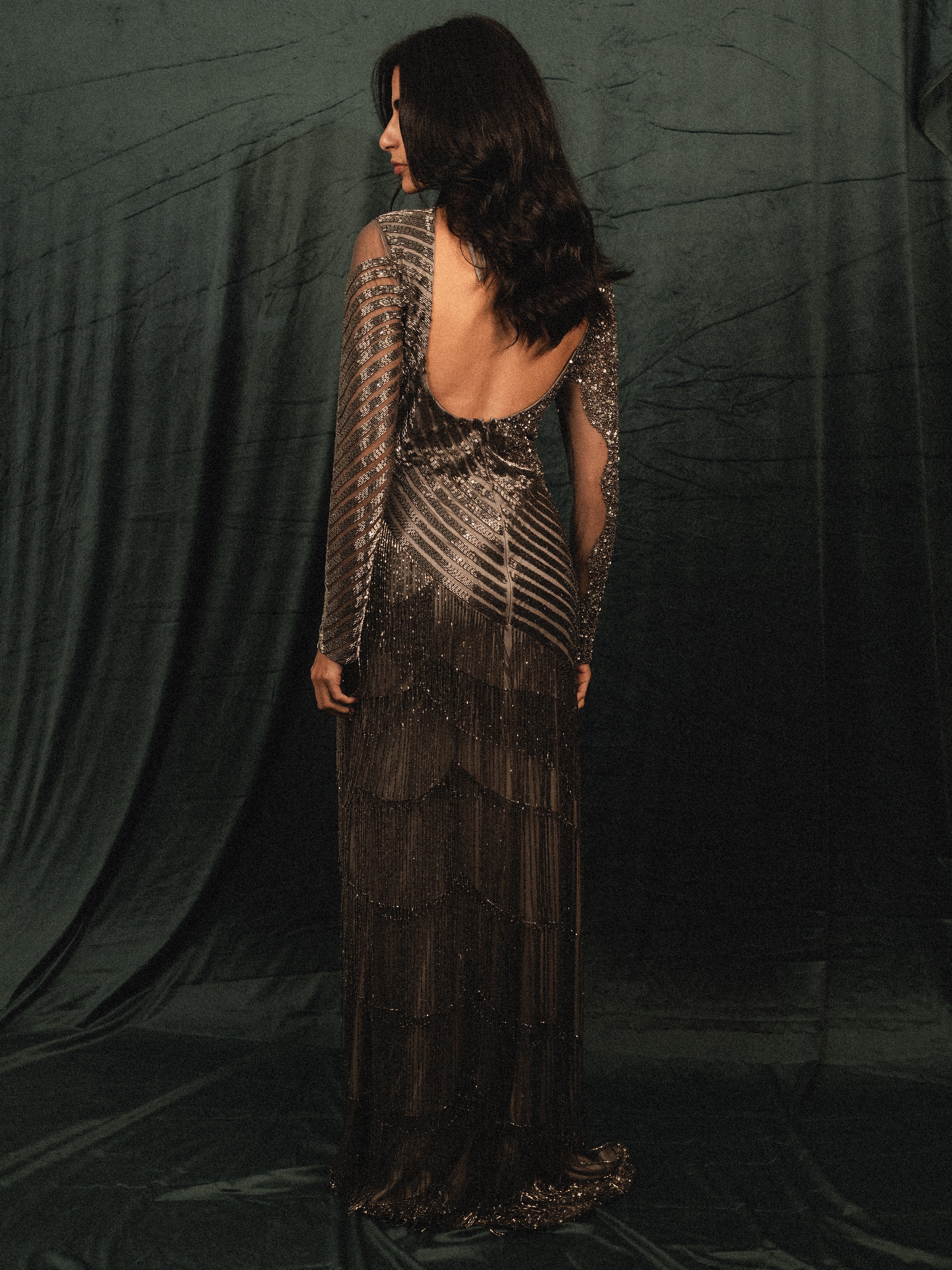 heavy Fringes backless and cutout long dress in silver