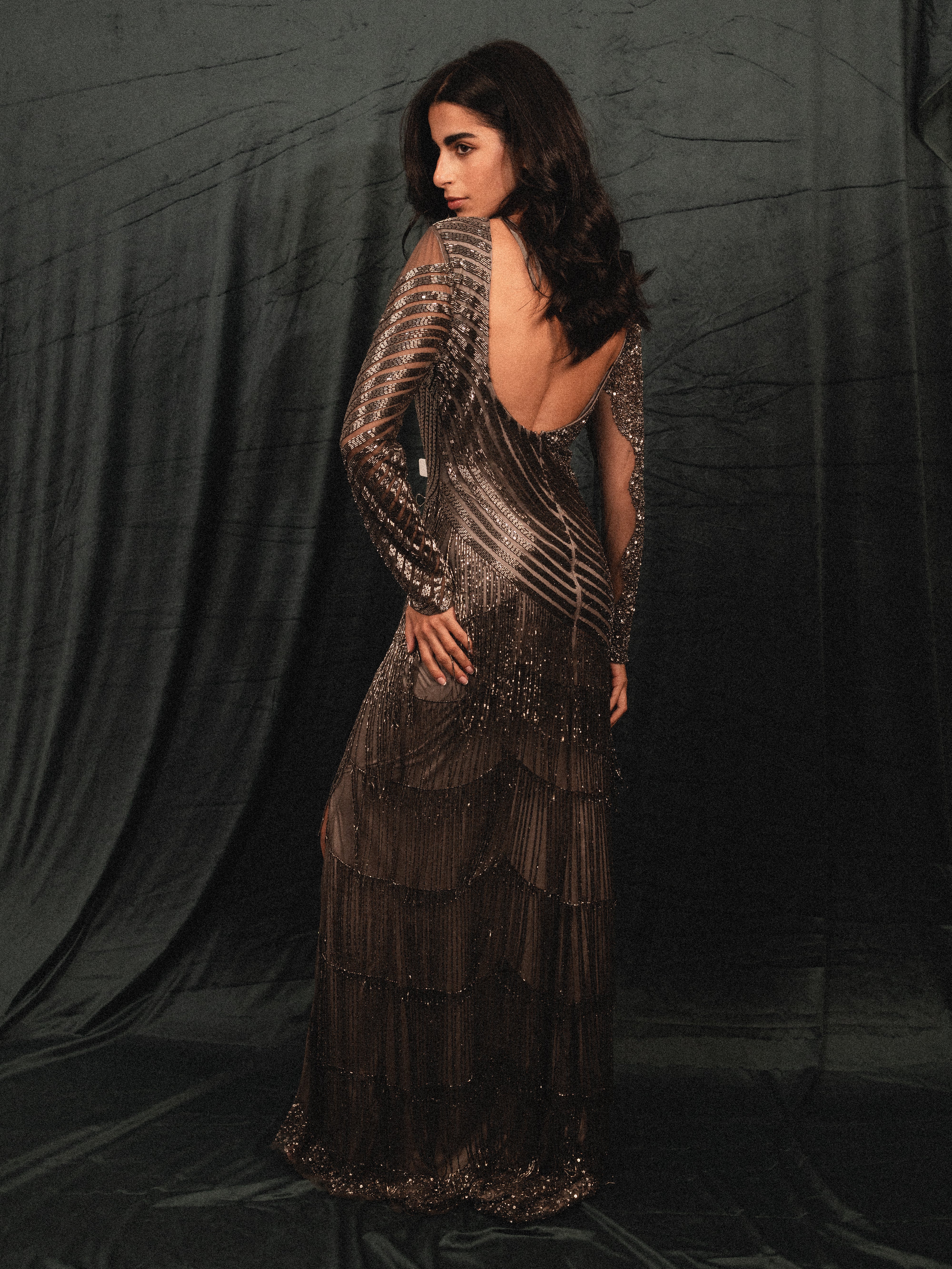 heavy Fringes backless and cutout long dress in silver