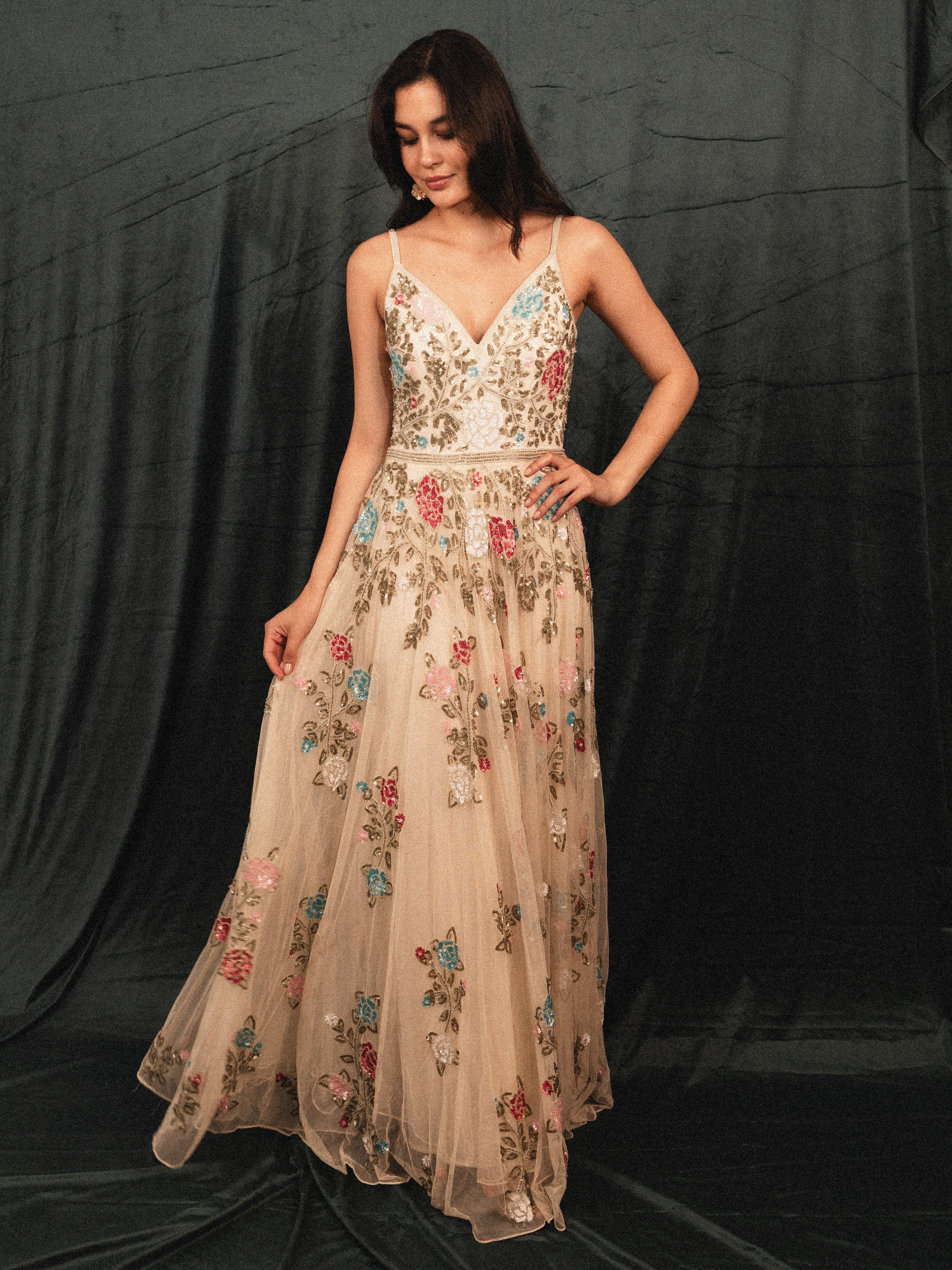 Long Beaded Garden Dress in cream