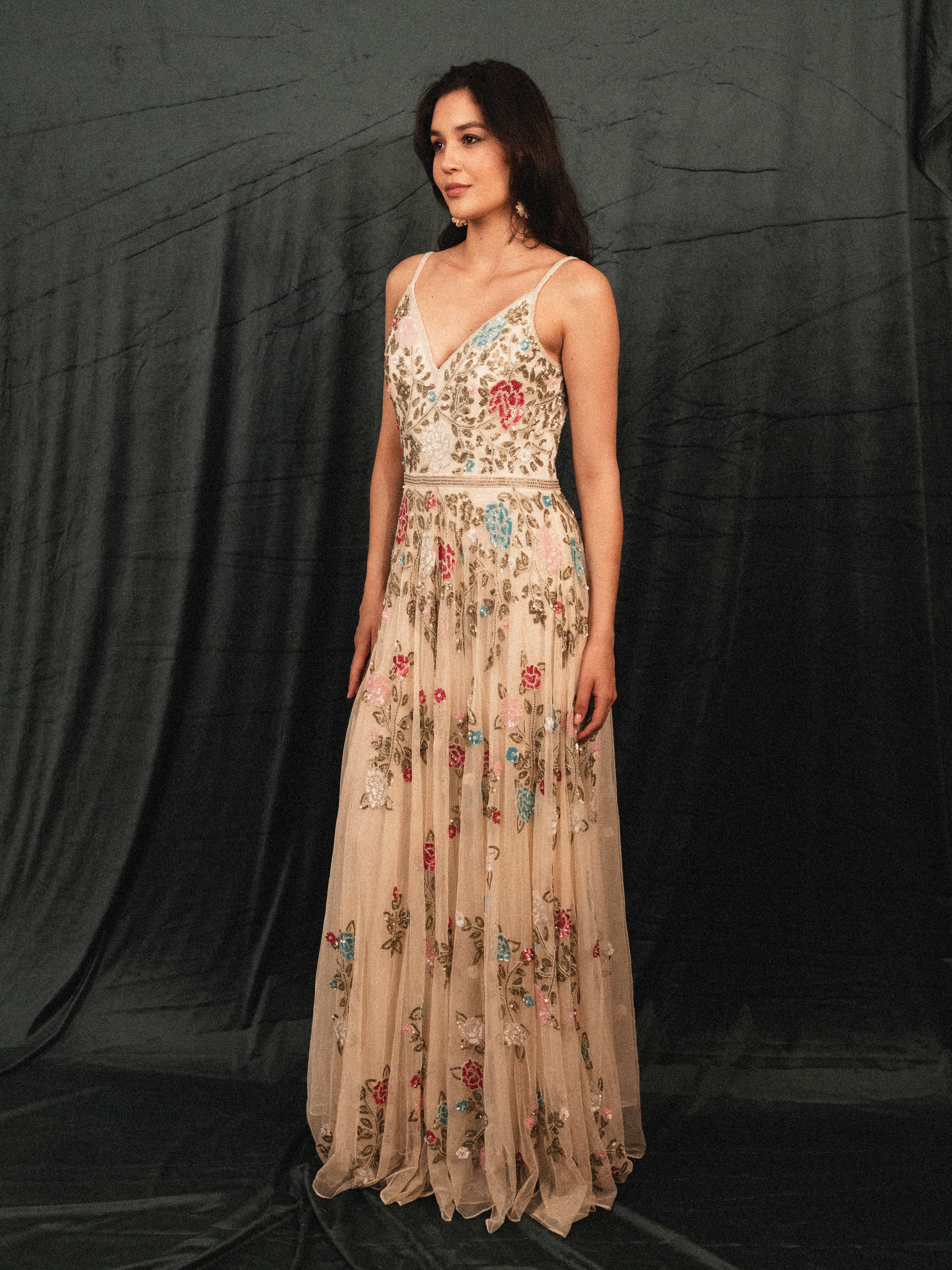 Long Beaded Garden Dress in cream
