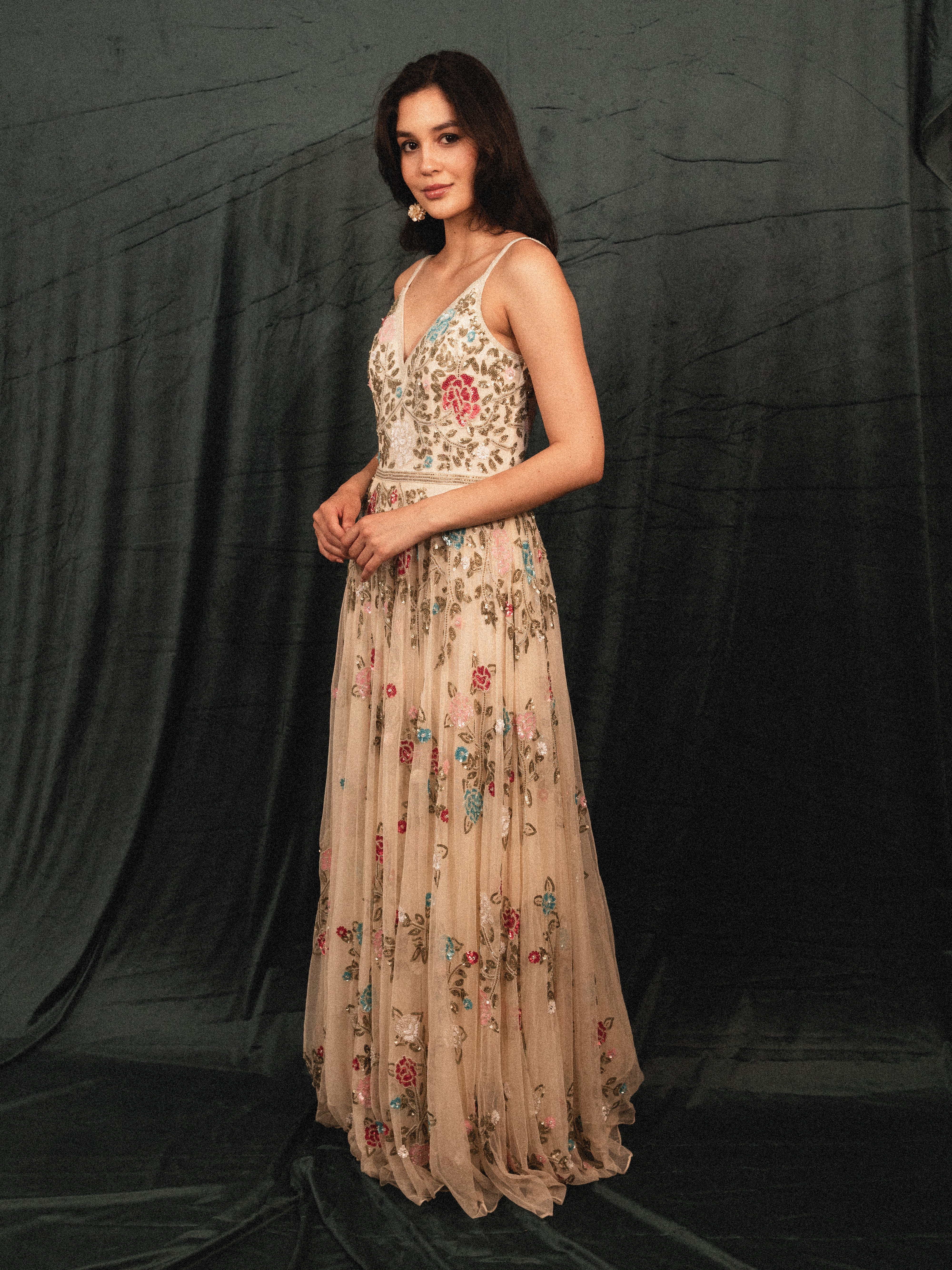 Long Beaded Garden Dress in cream