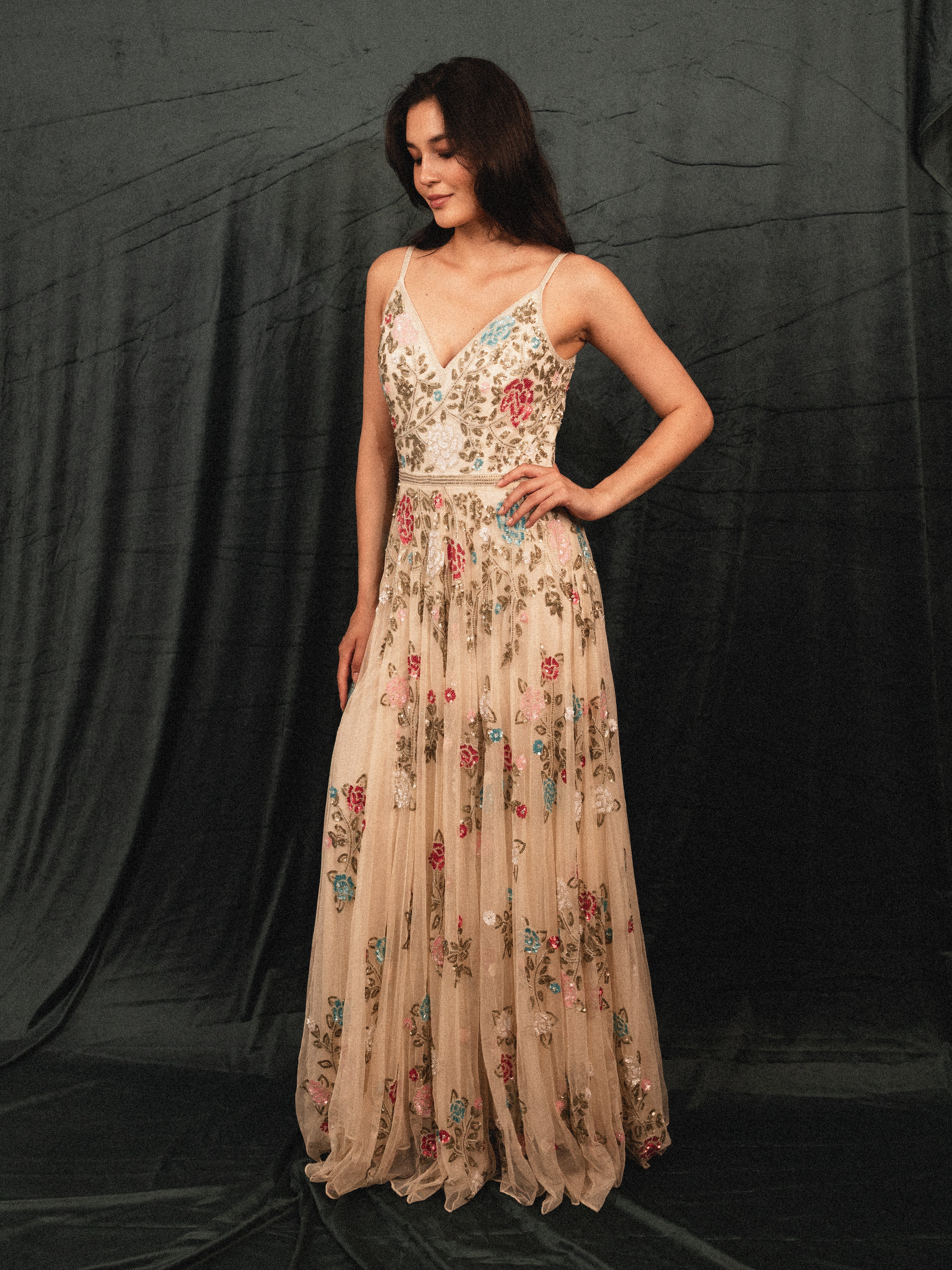 Long Beaded Garden Dress in cream