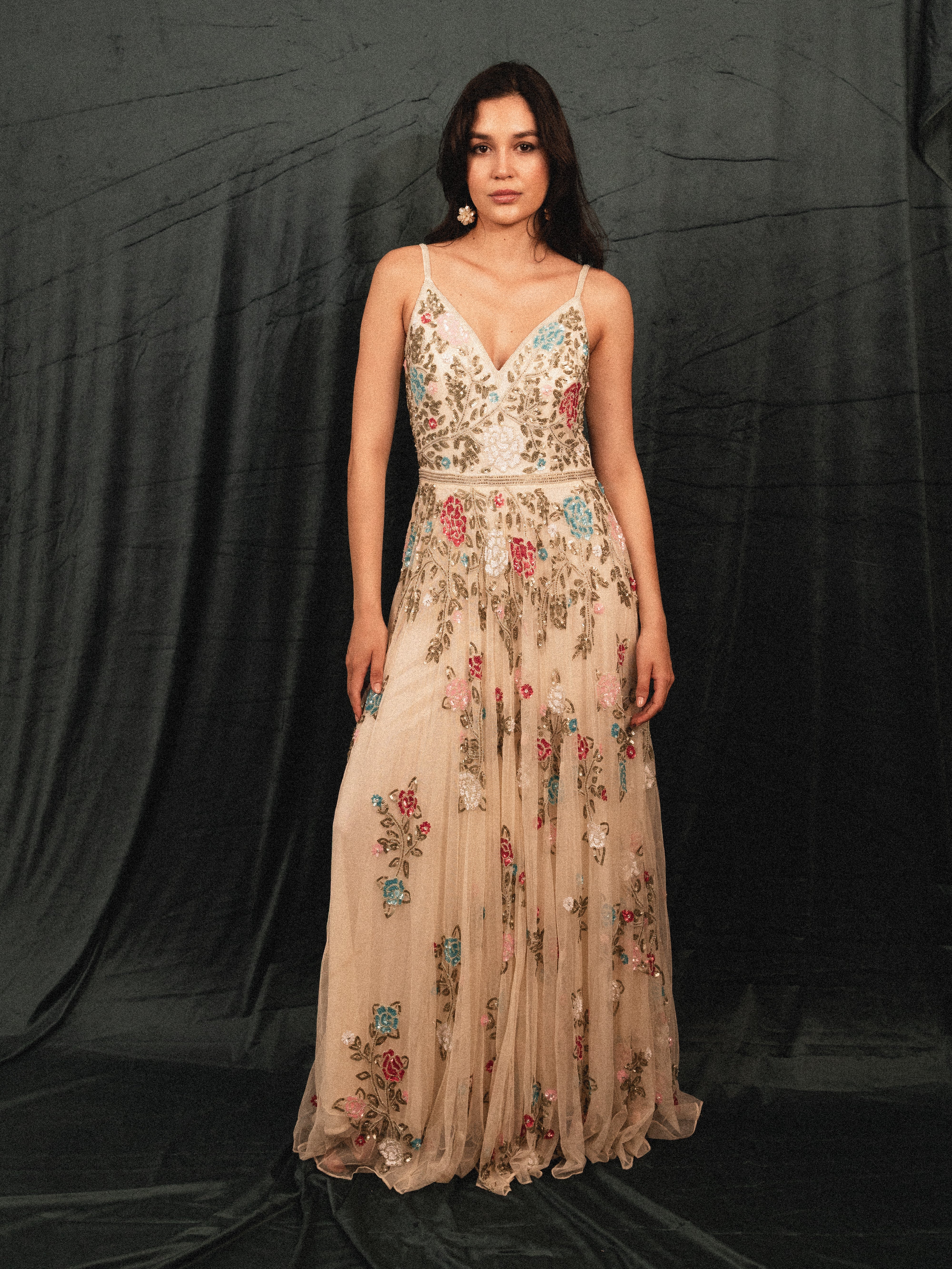 Long Beaded Garden Dress in cream