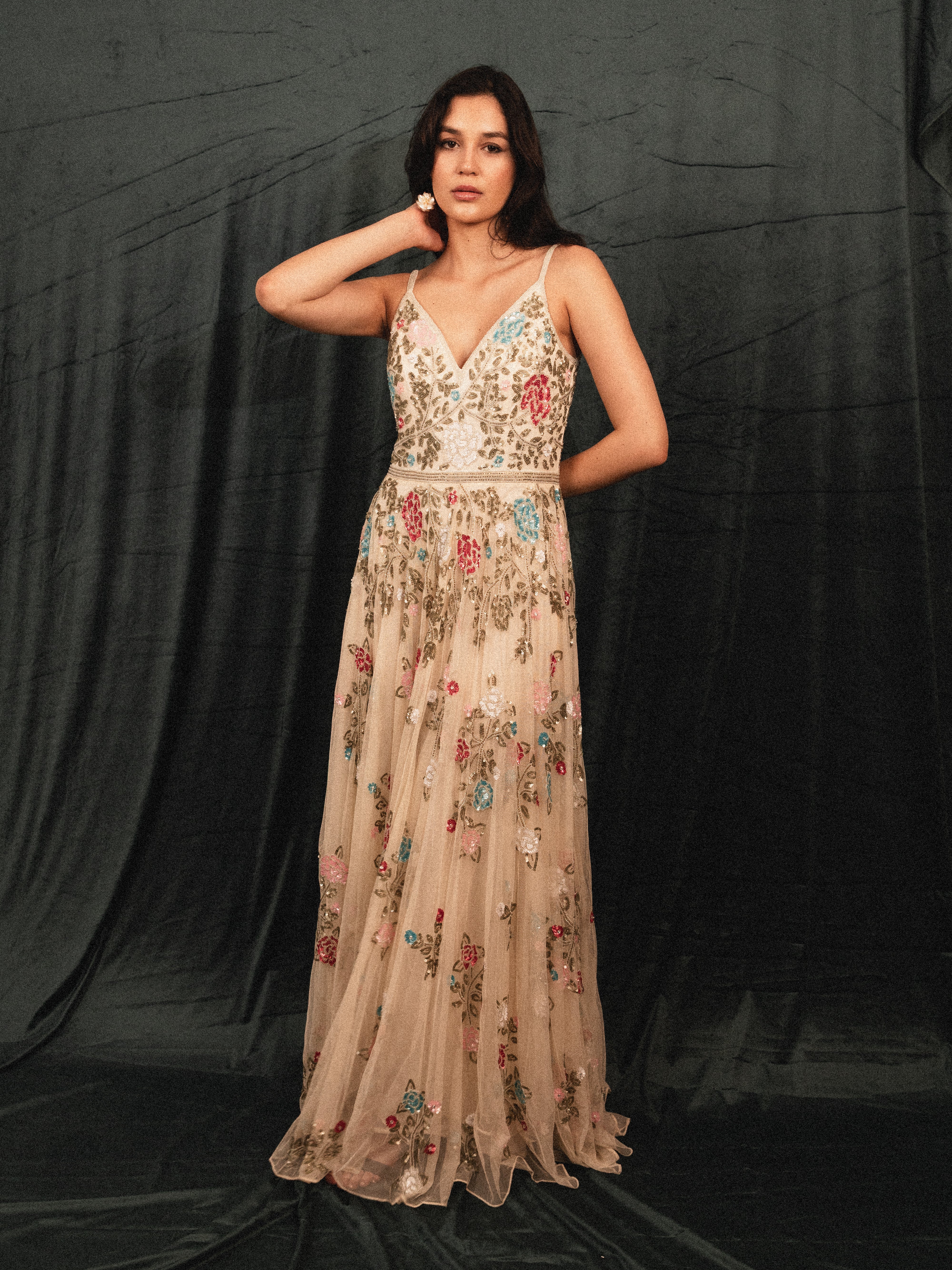 Long Beaded Garden Dress in cream