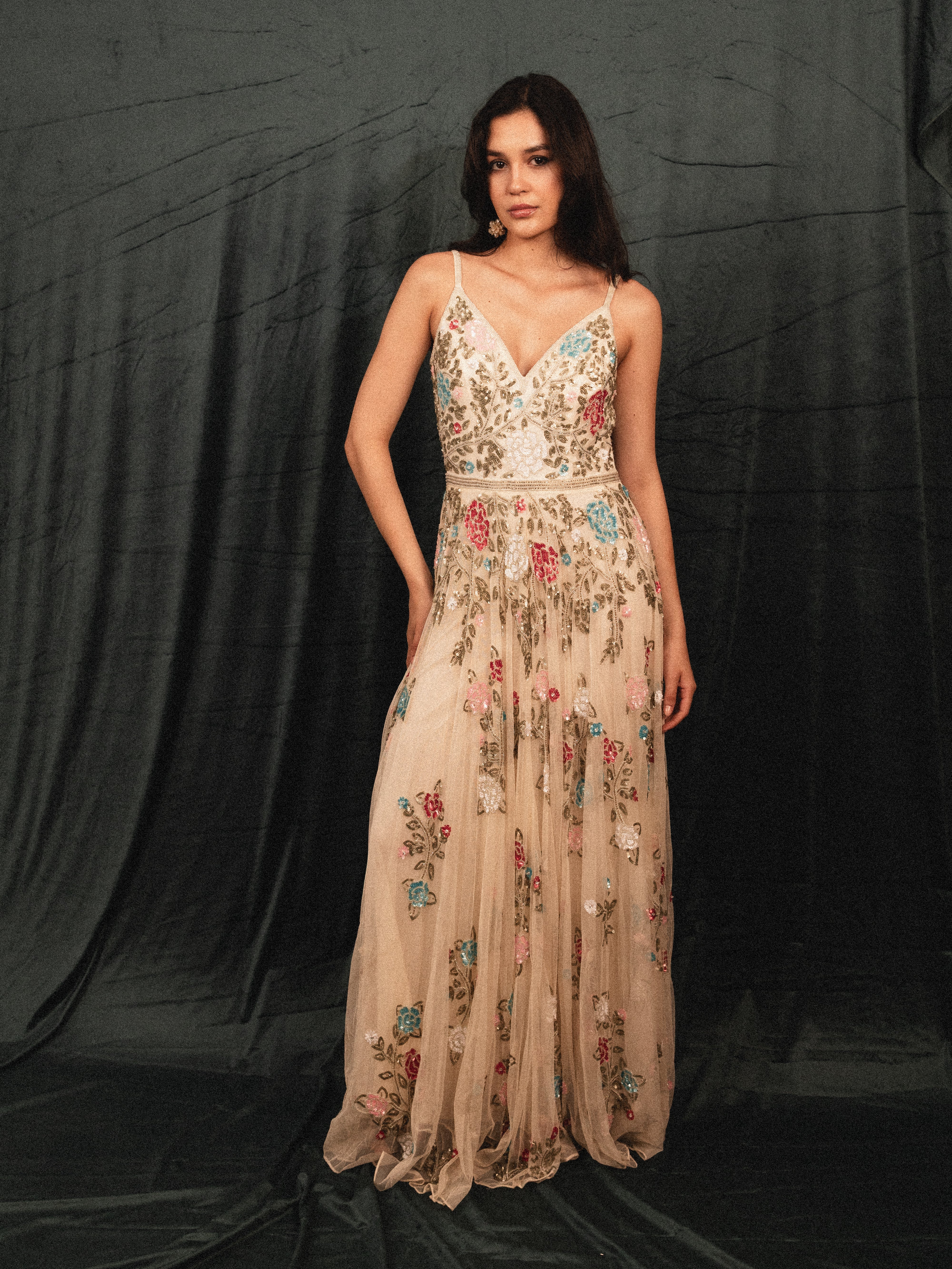 Long Beaded Garden Dress in cream