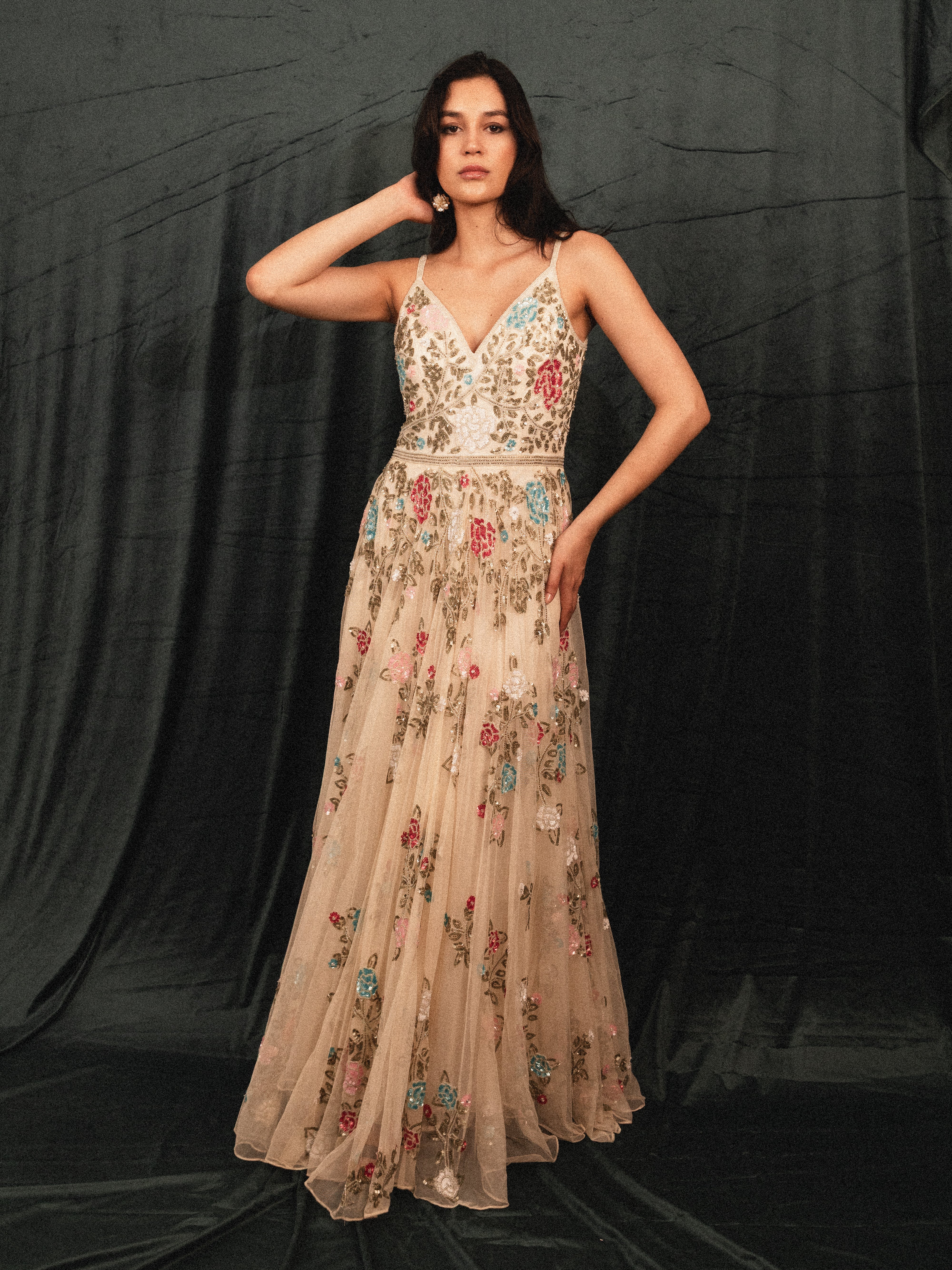 Long Beaded Garden Dress in cream