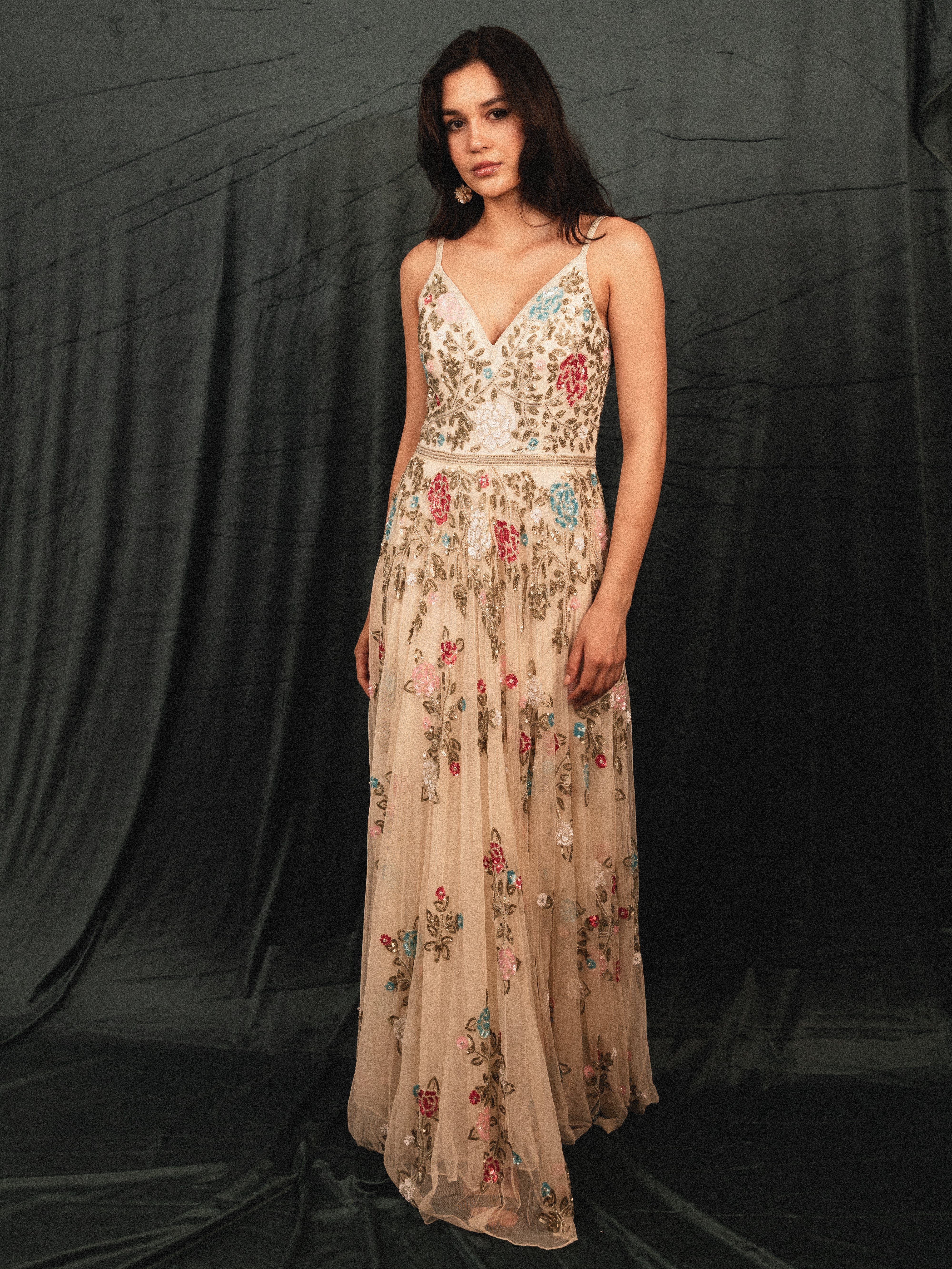 Long Beaded Garden Dress in cream