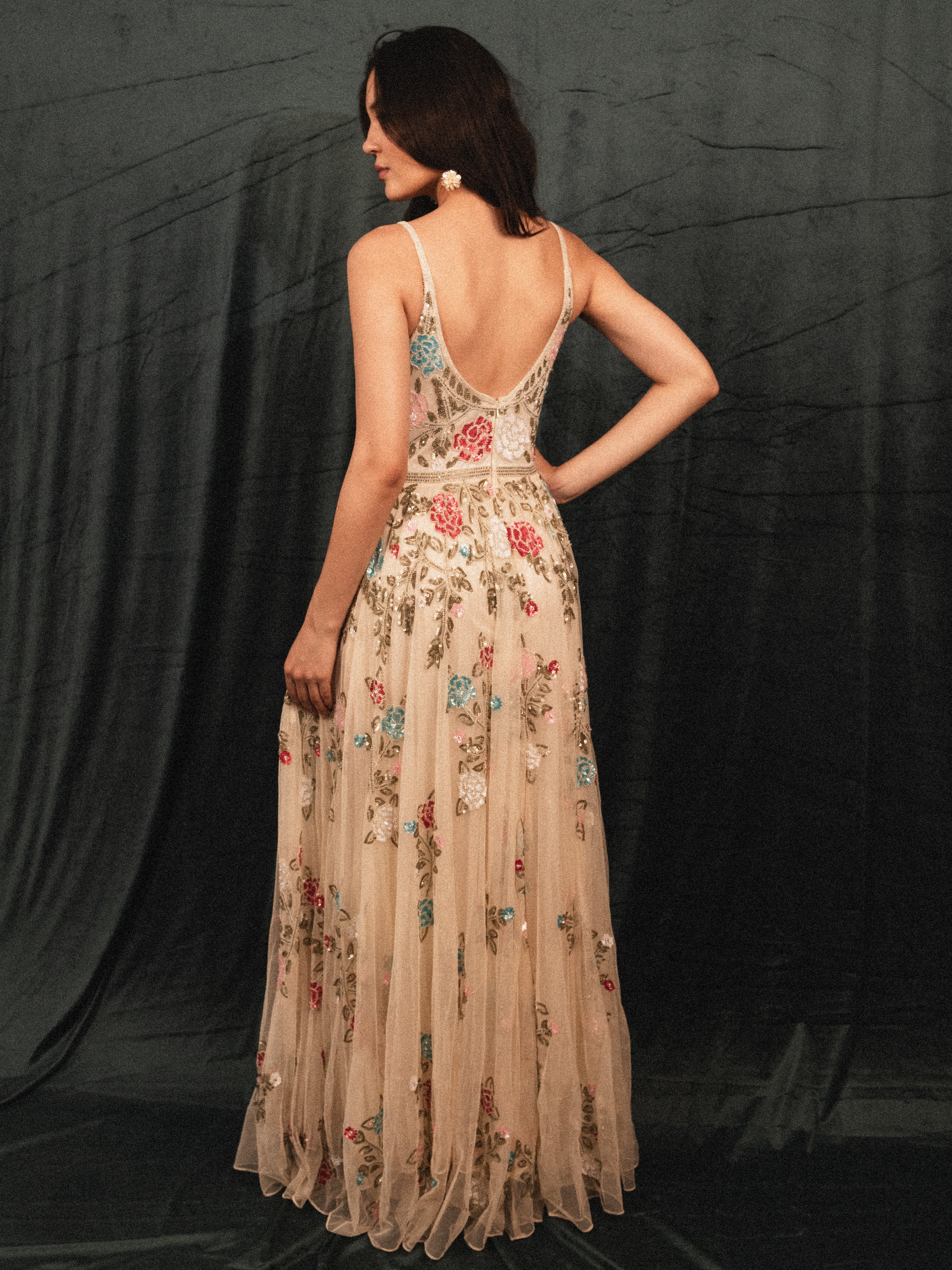 Long Beaded Garden Dress in cream