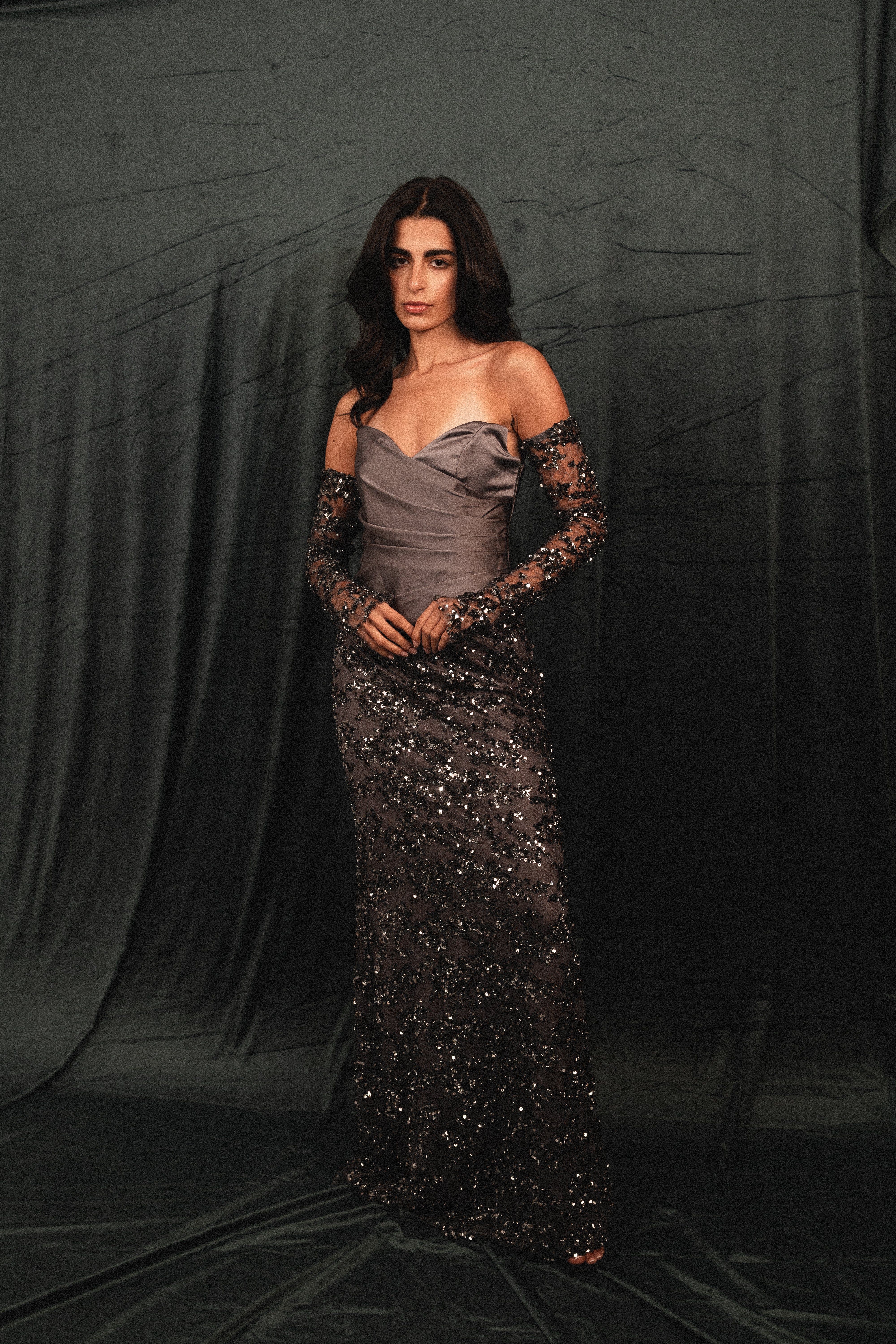 Strapless dress with draped corset in DARK GRAY