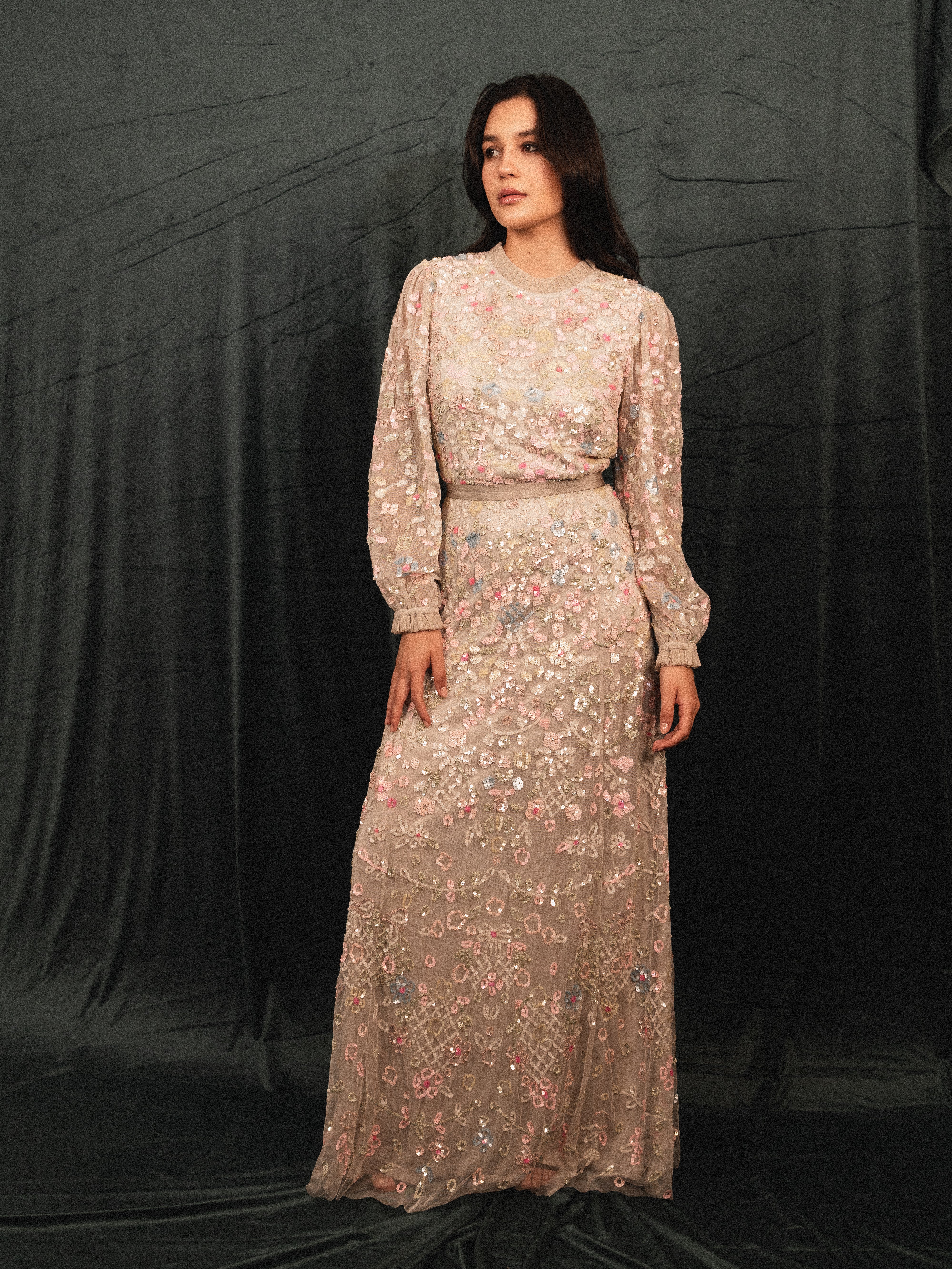garden long beaded modest dress in gray