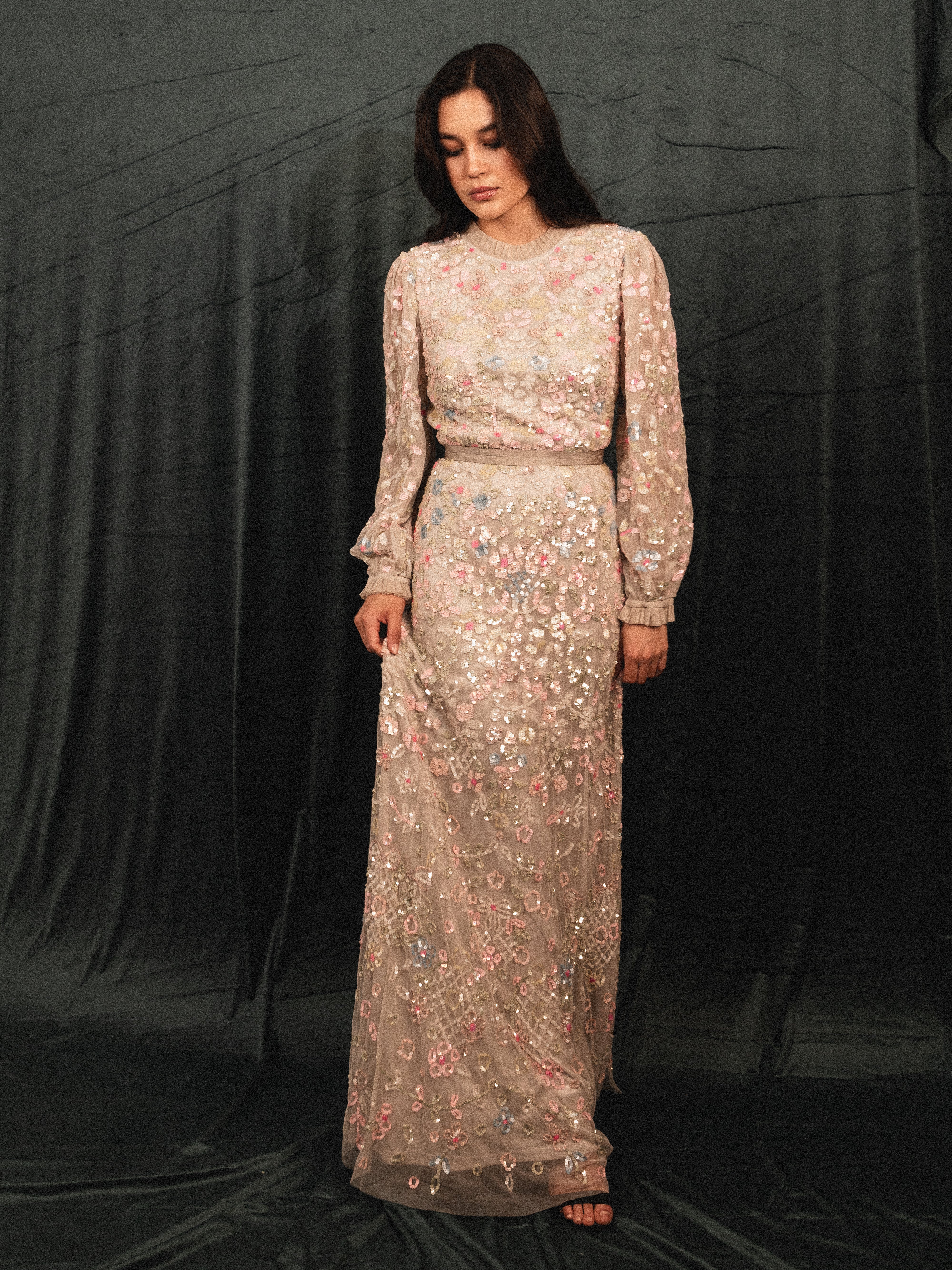 garden long beaded modest dress in gray